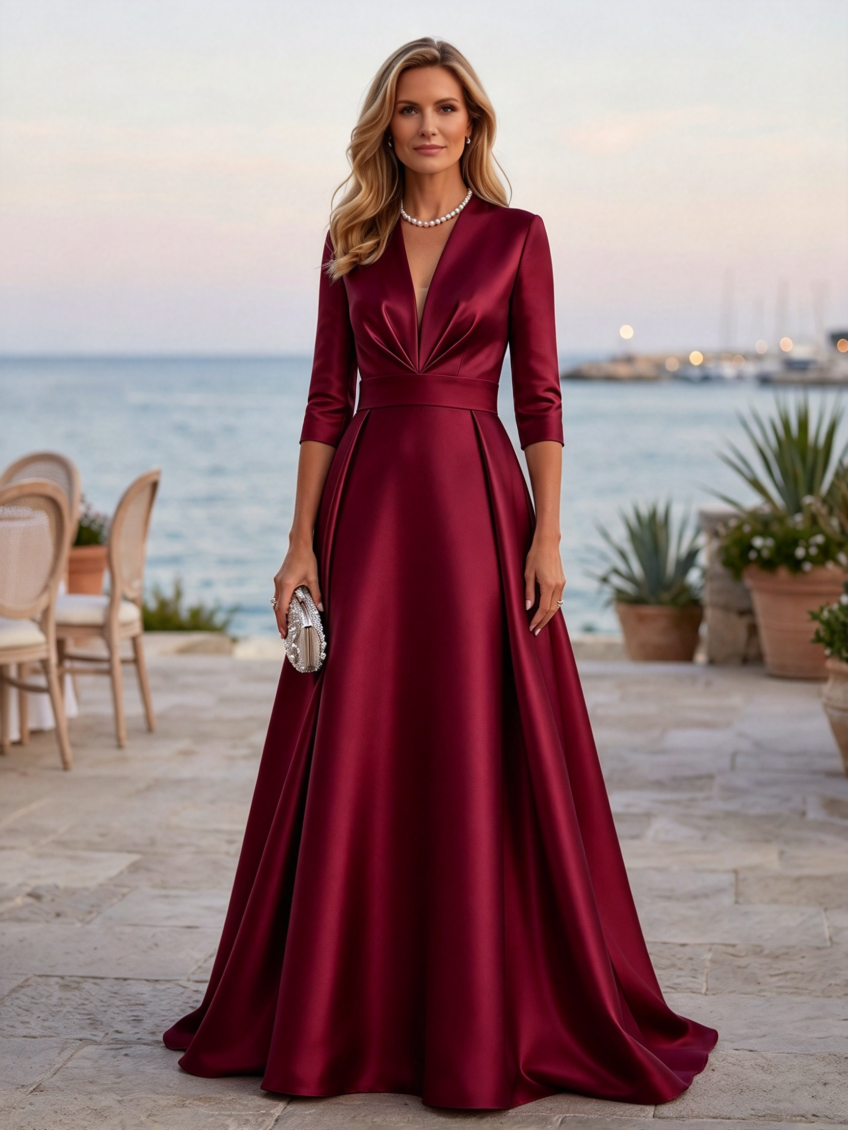 Light Blue Satin Deep V Elbow Sleeve Maxi Dress