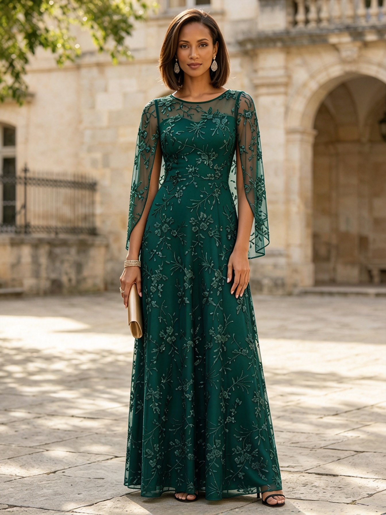 Navy Blue Round Neck Sheer Sleeve Sequin Floral A-Line Maxi Dress