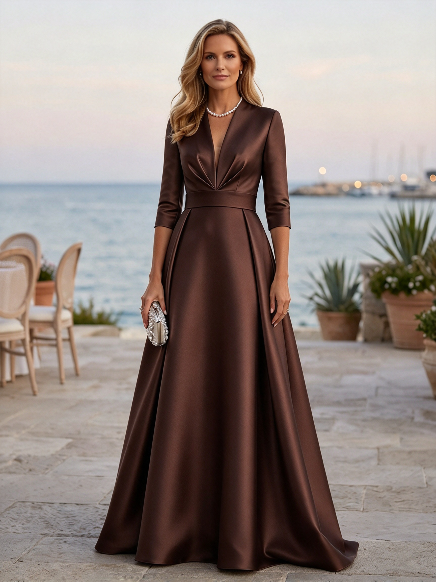 Light Blue Satin Deep V Elbow Sleeve Maxi Dress