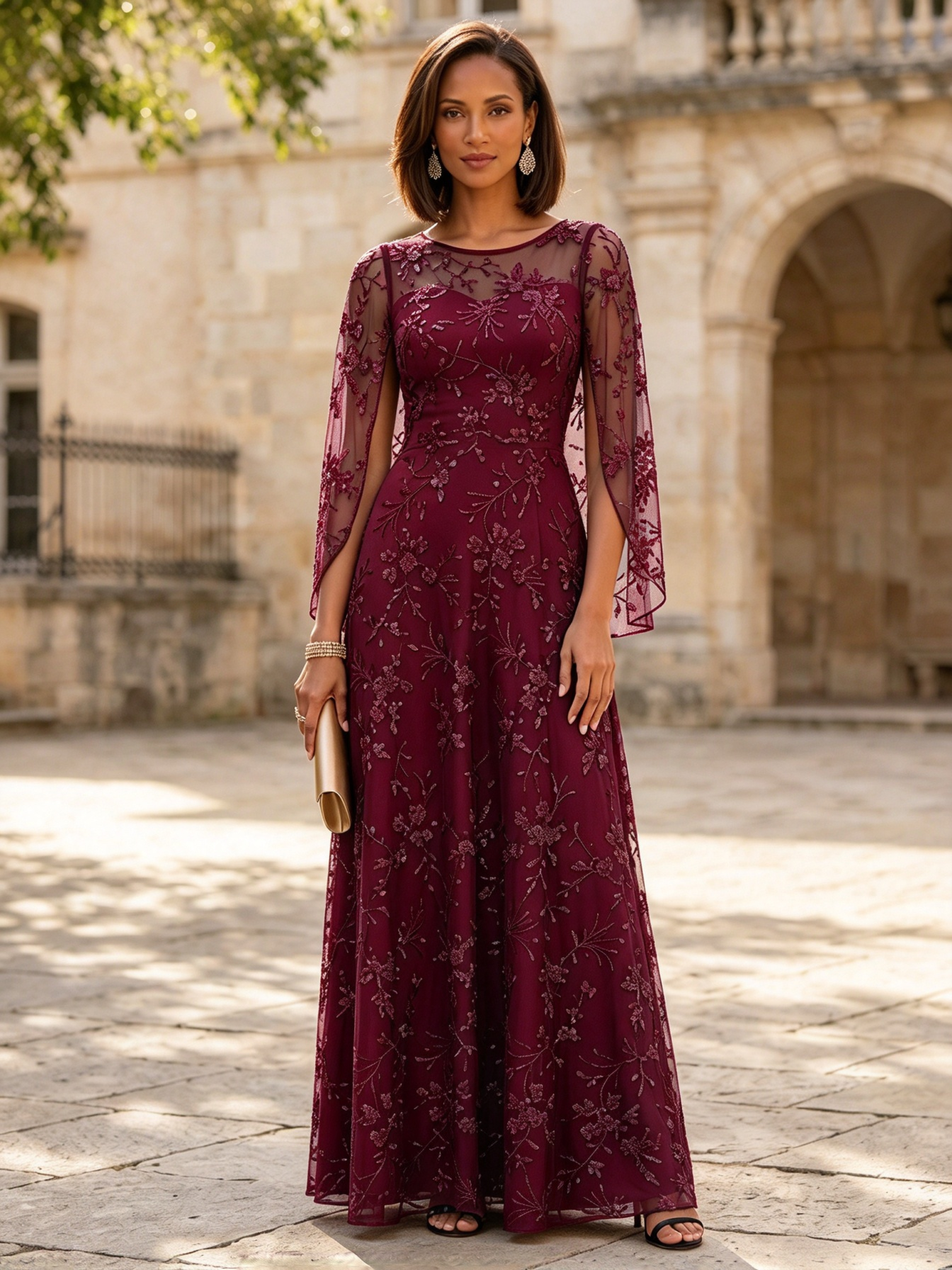 Navy Blue Round Neck Sheer Sleeve Sequin Floral A-Line Maxi Dress