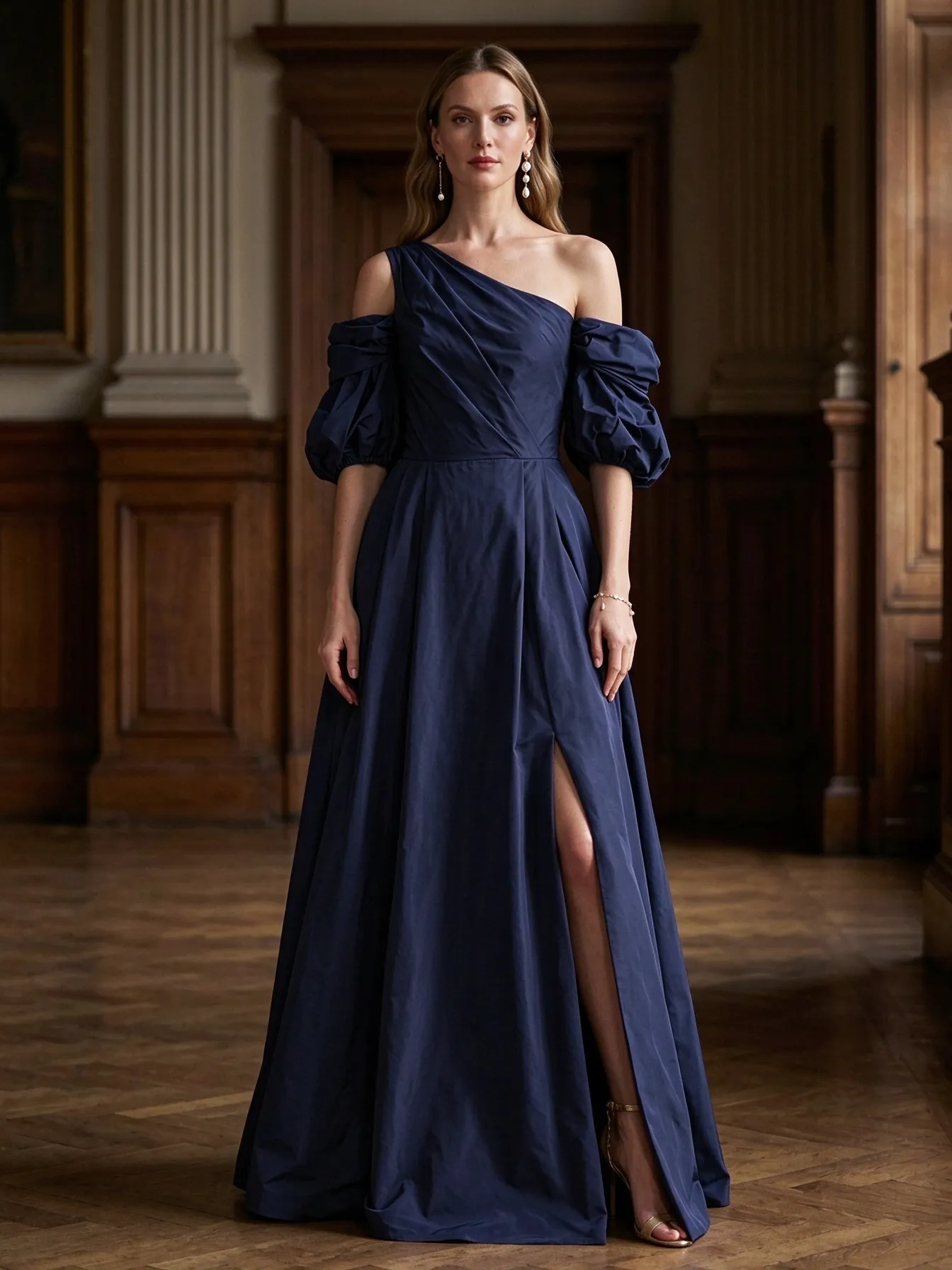 Plum One Shoulder Bubble Sleeve High Slit Maxi Dress
