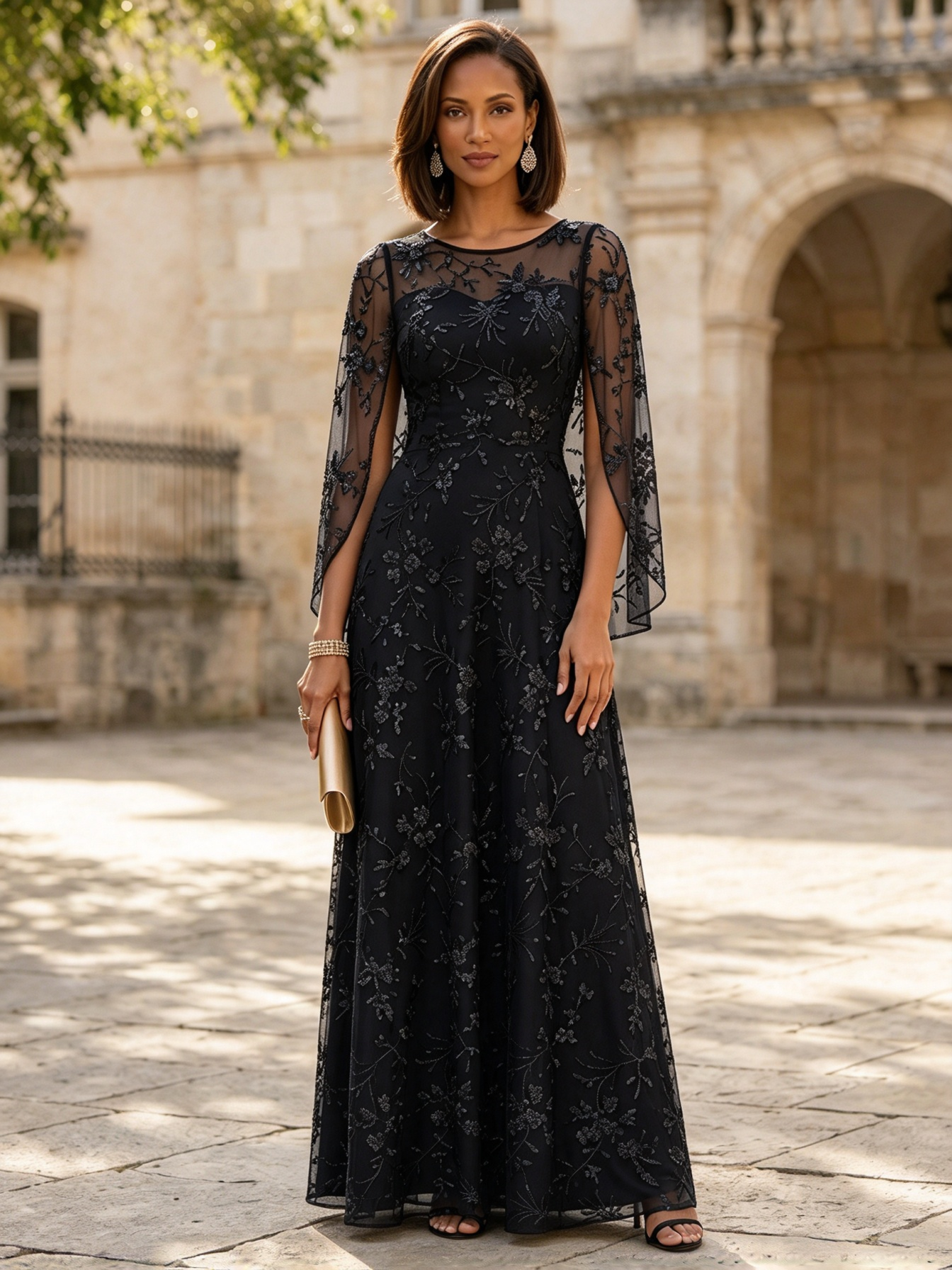 Navy Blue Round Neck Sheer Sleeve Sequin Floral A-Line Maxi Dress