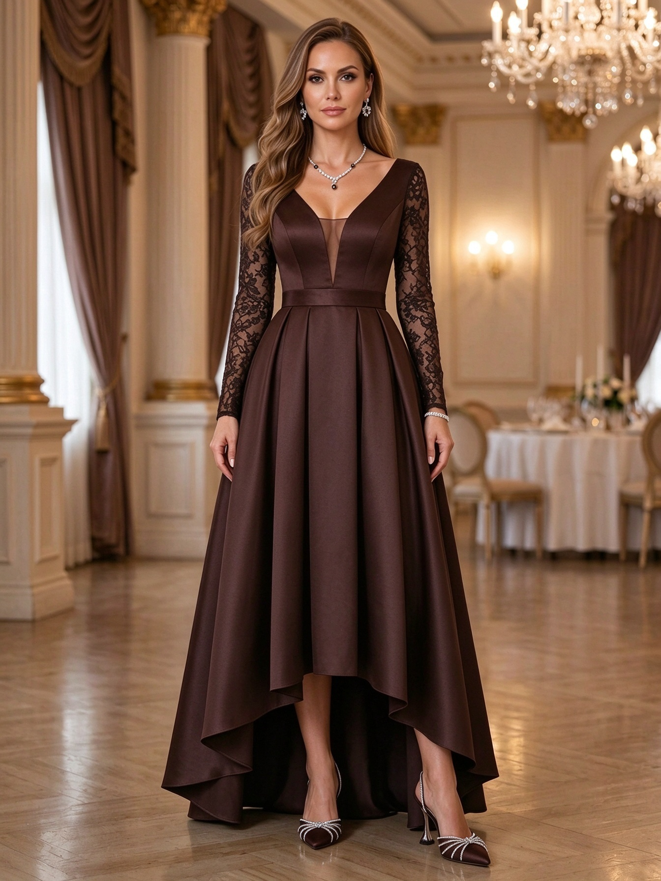 Black Long Sleeve Lace Deep V-Neck High-Low Maxi Dress