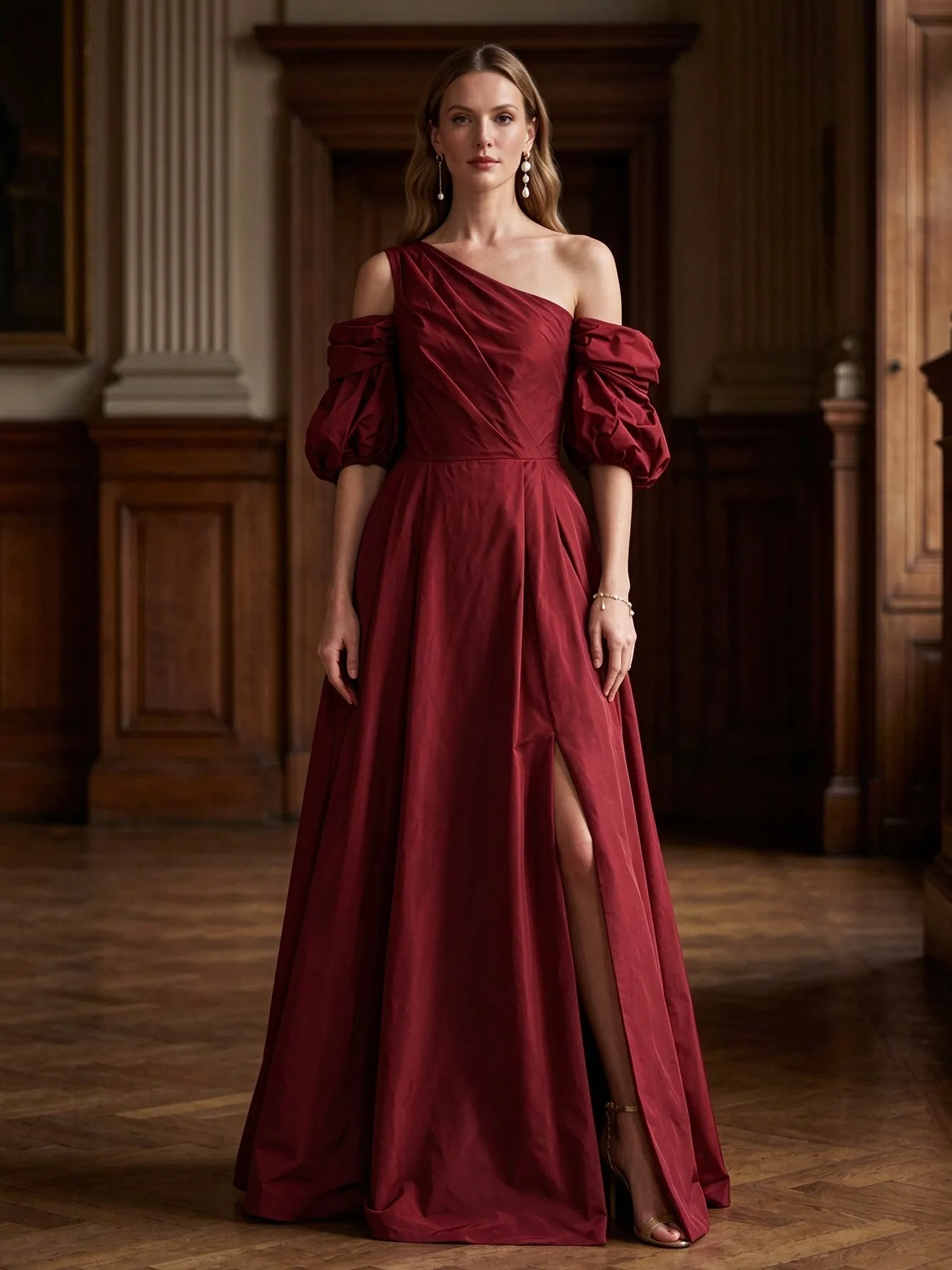 Plum One Shoulder Bubble Sleeve High Slit Maxi Dress