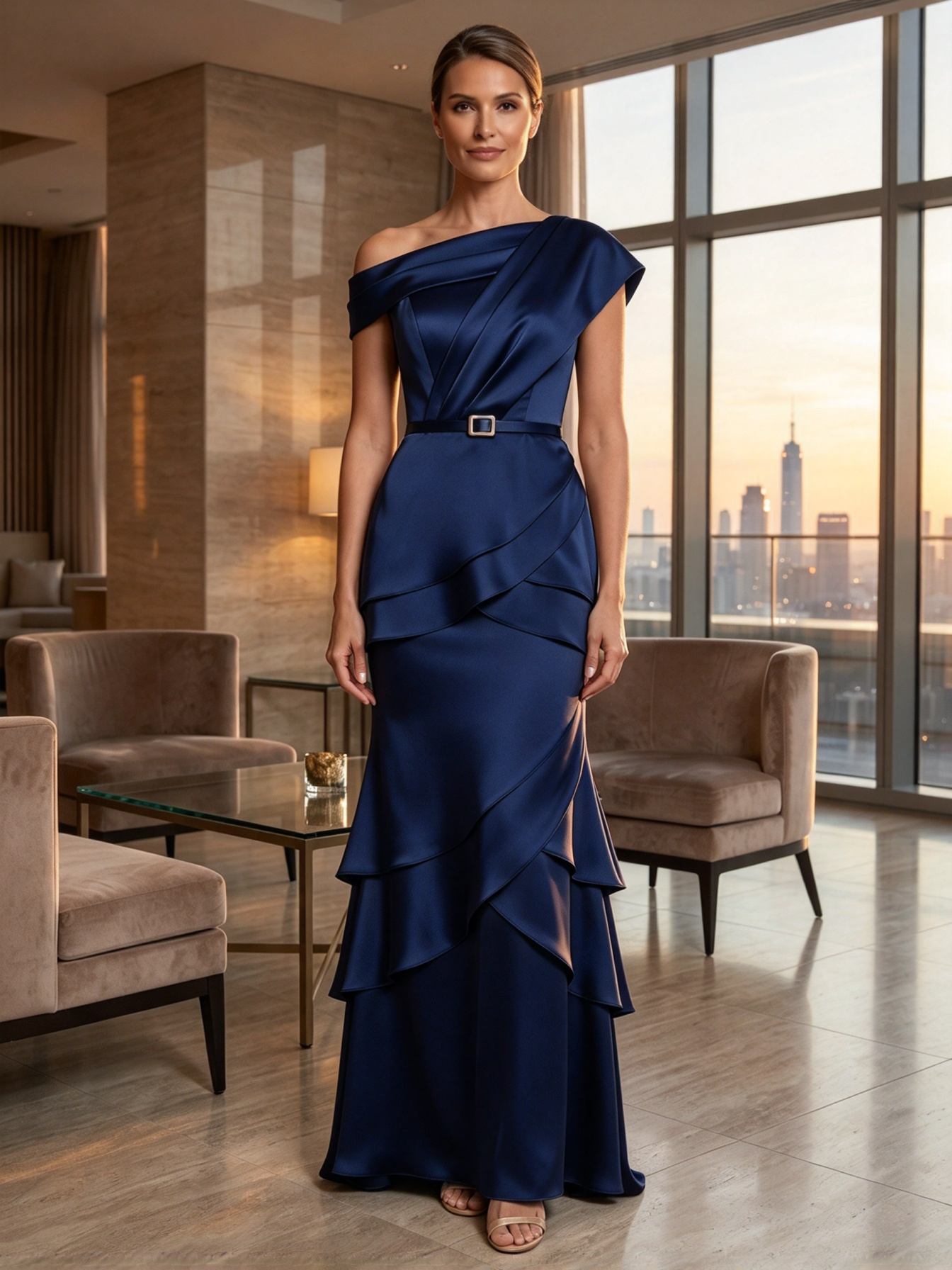 Champagne One-Shoulder Waistband Tiered Ruffle Satin Mermaid Maxi Dress