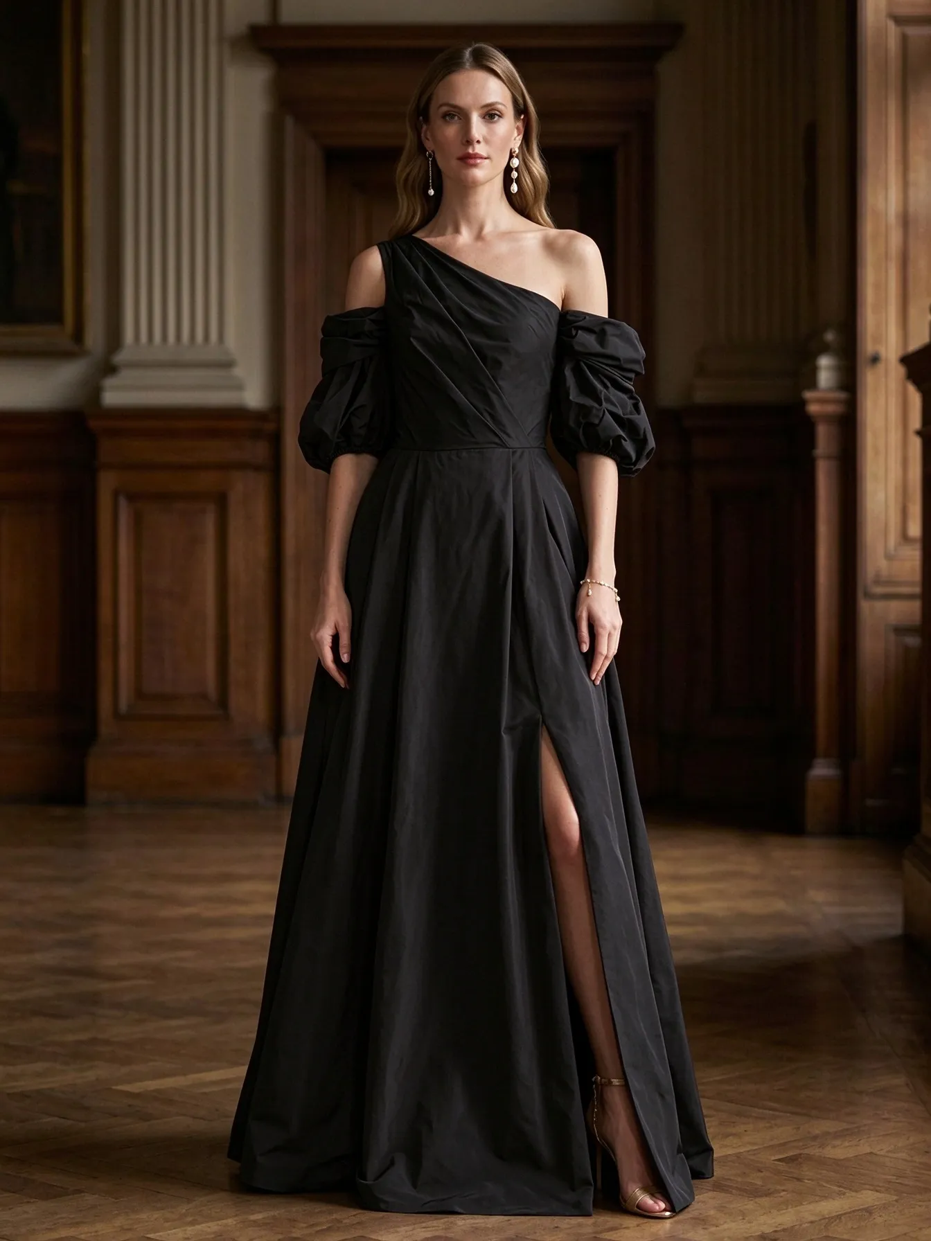 Plum One Shoulder Bubble Sleeve High Slit Maxi Dress