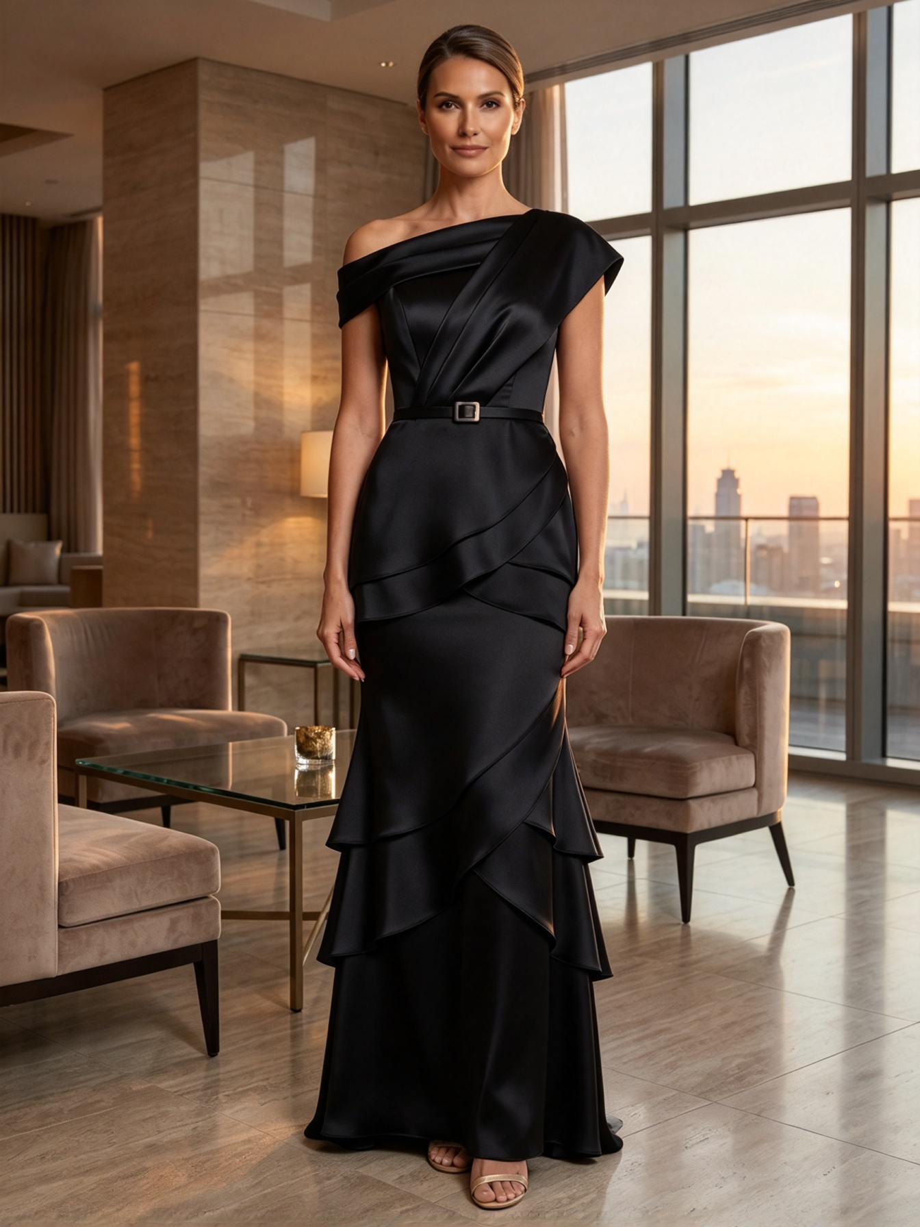 Champagne One-Shoulder Waistband Tiered Ruffle Satin Mermaid Maxi Dress