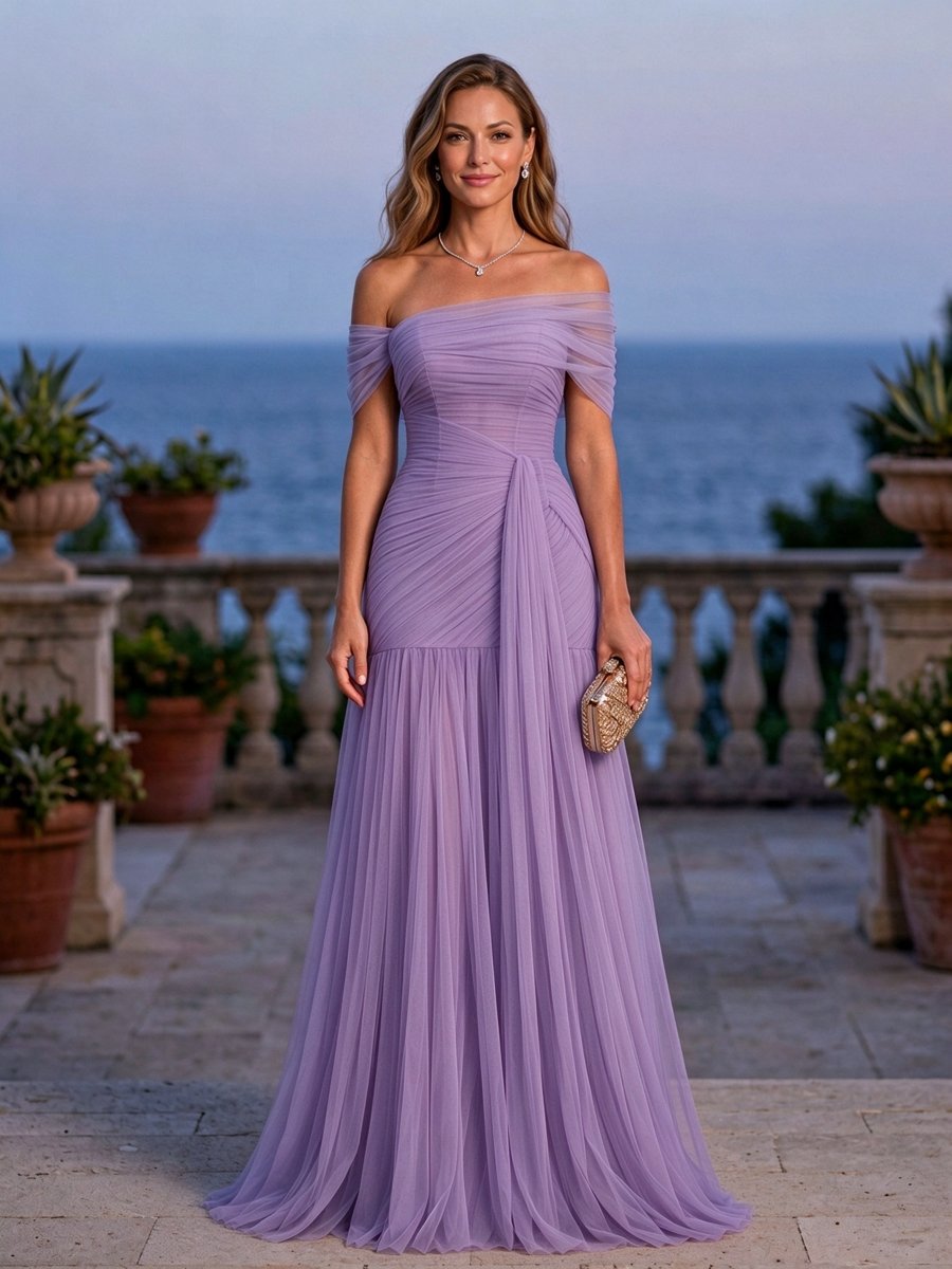 Light Blue Chiffon Off Shoulder Pleated A-Line Maxi Dress
