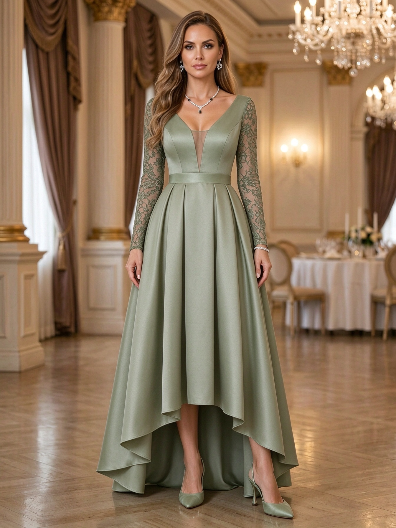 Black Long Sleeve Lace Deep V-Neck High-Low Maxi Dress