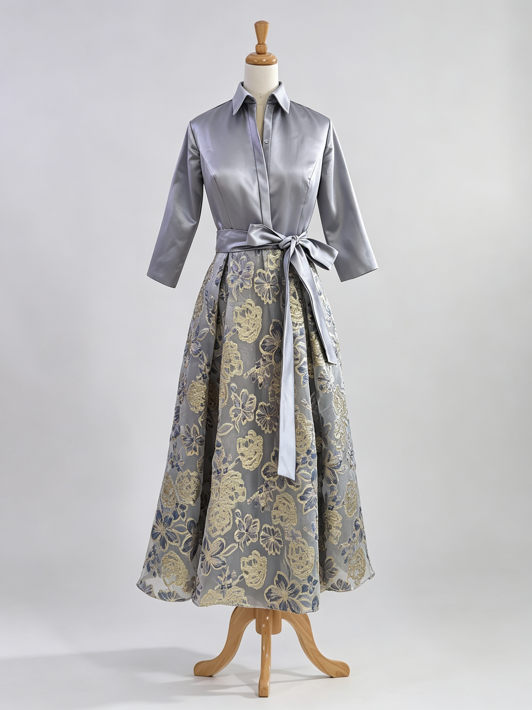 Dusty Blue A-Line Point Collar Embroidered Floral Dresses with Bow