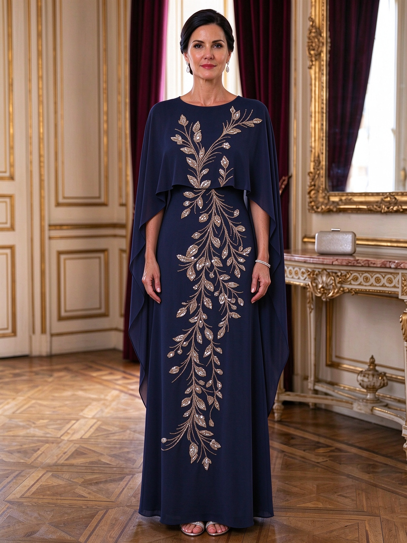 Champagne Draped Cape Beaded Floral A-Line Maxi Dress
