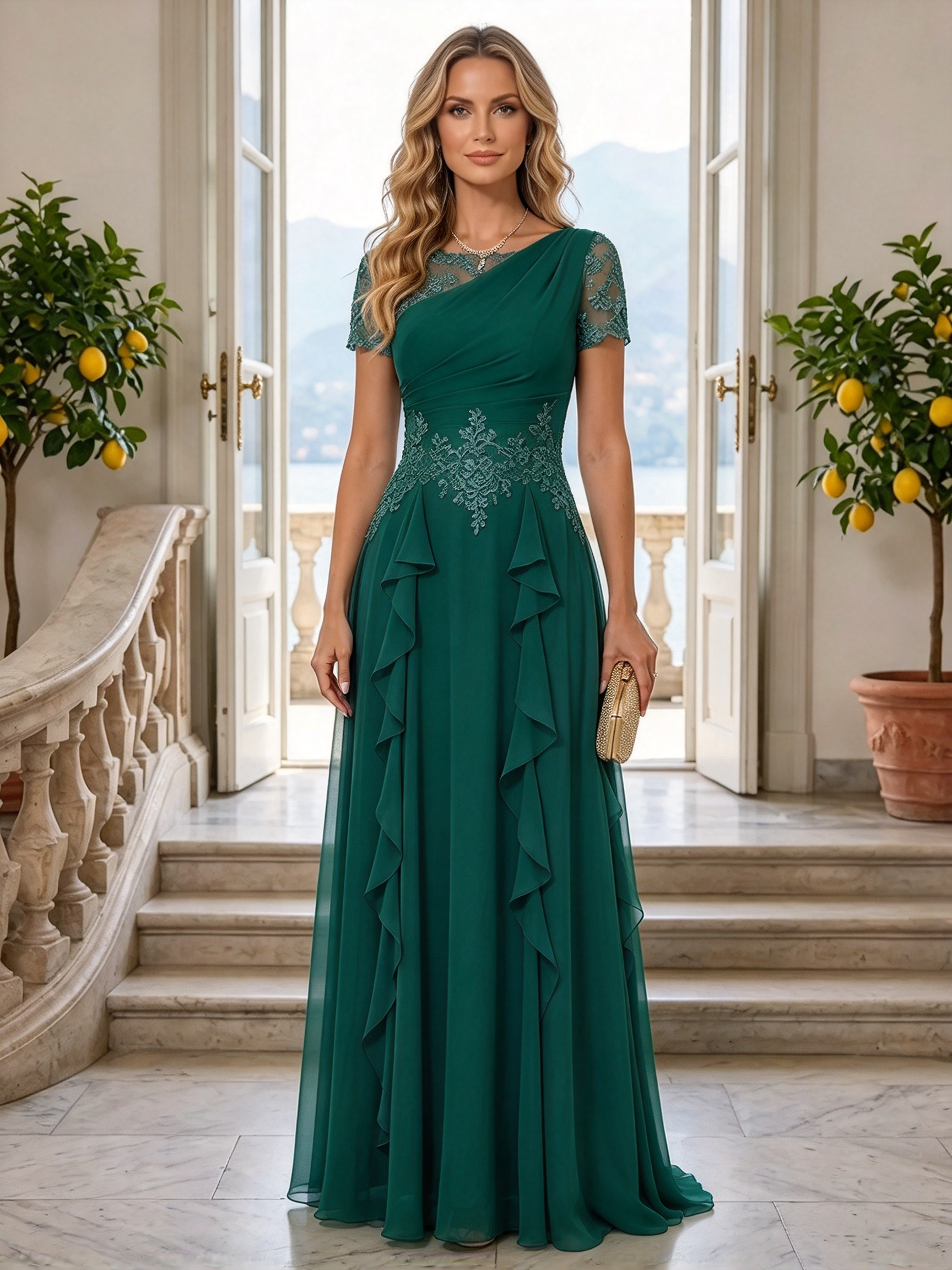 Dusty Blue Asymmetrical Lace Ruffle A-Line Maxi Dress