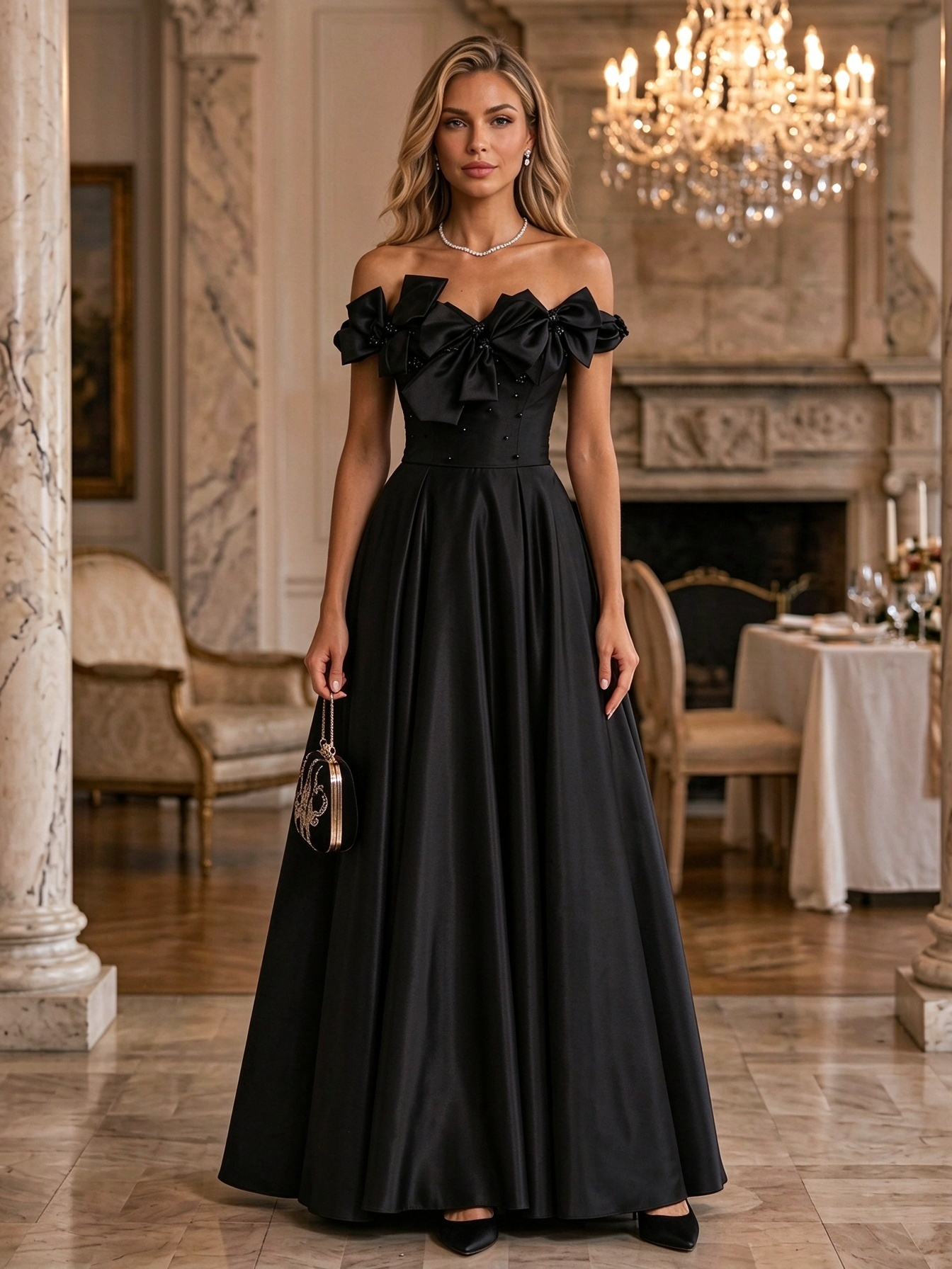 Burgundy Off Shoulder Bow Satin Ball Gown Maxi Dress