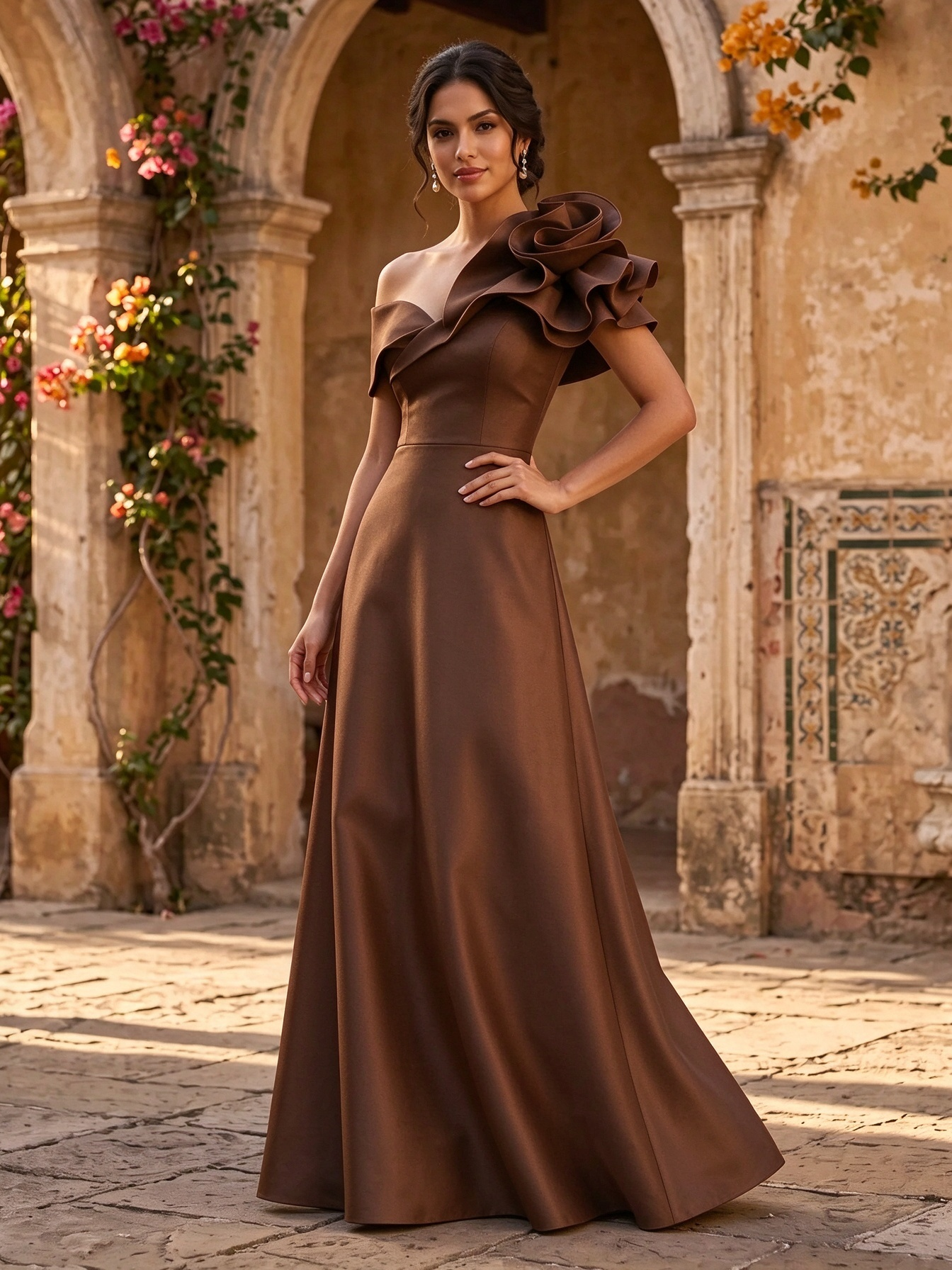 Fuchsia Off Shoulder One Side Floral A Line Floor-Length Evening Dress