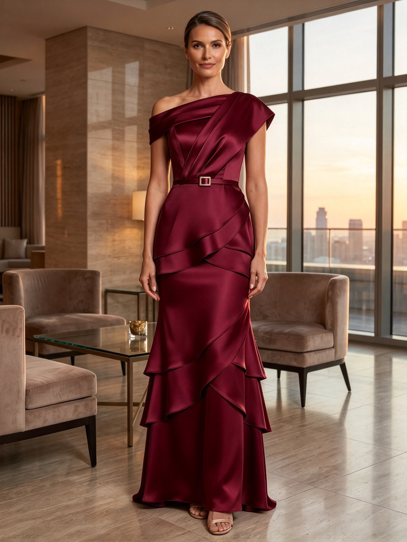 Champagne One-Shoulder Waistband Tiered Ruffle Satin Mermaid Maxi Dress