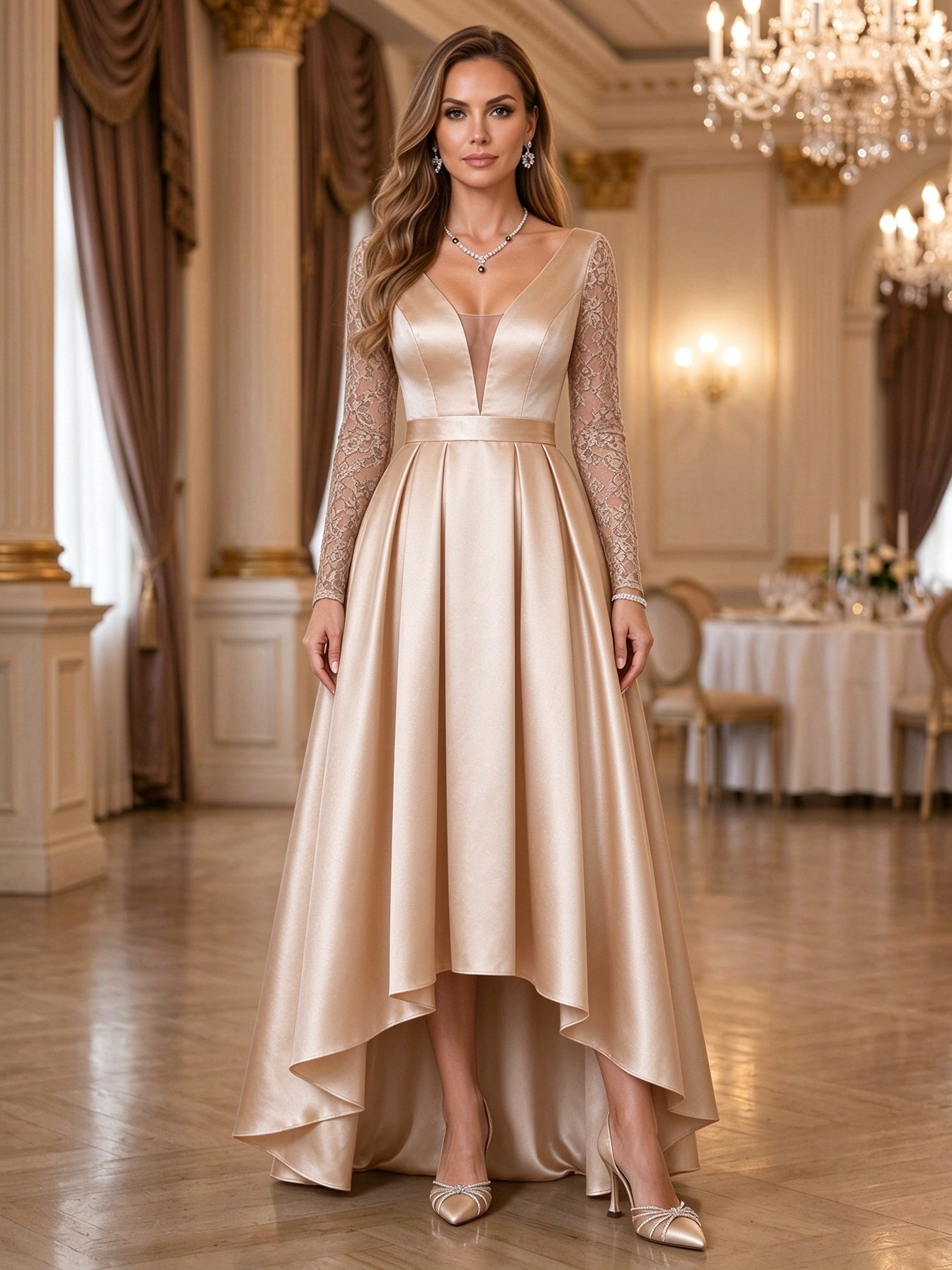 Black Long Sleeve Lace Deep V-Neck High-Low Maxi Dress