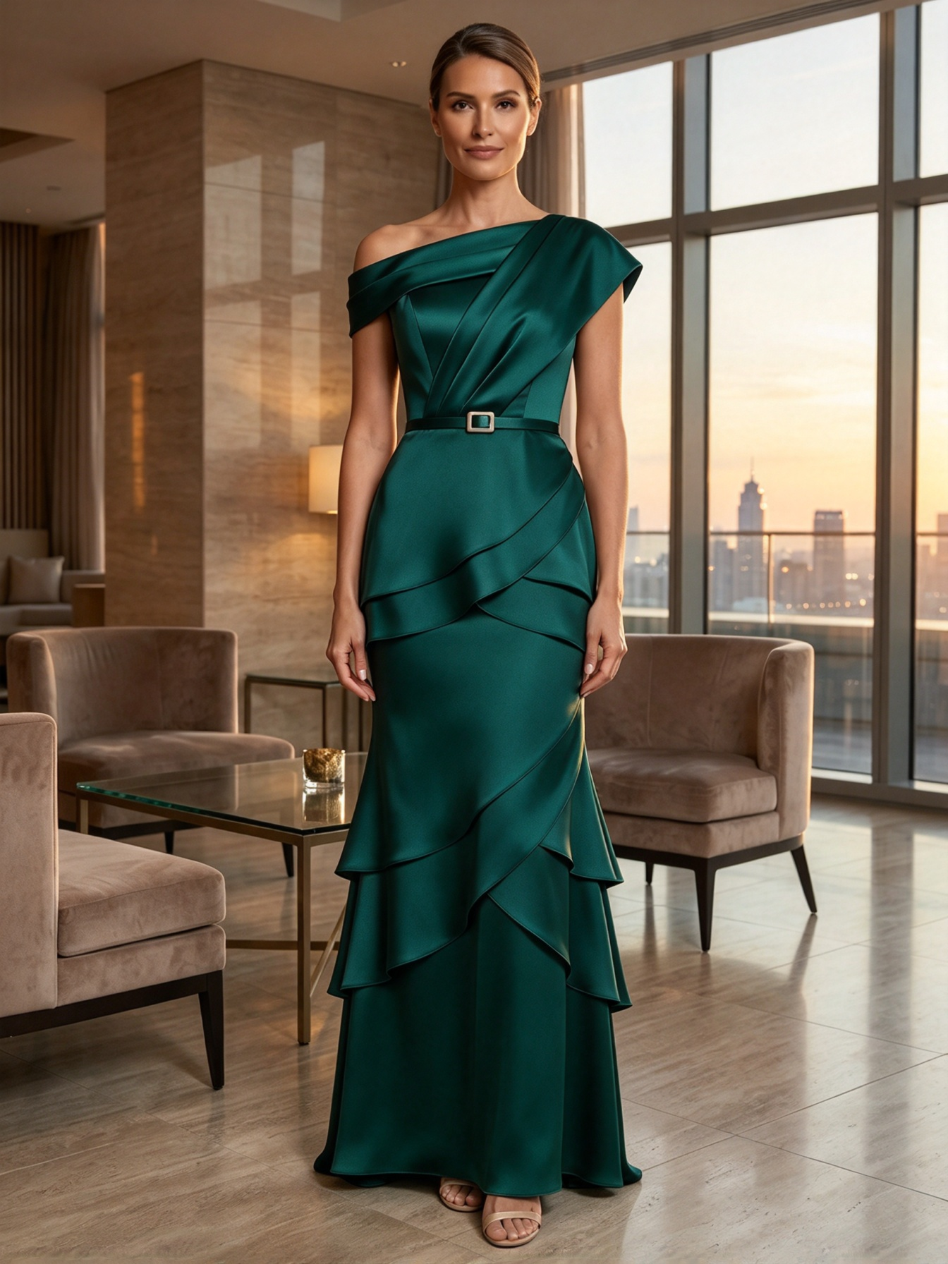 Champagne One-Shoulder Waistband Tiered Ruffle Satin Mermaid Maxi Dress