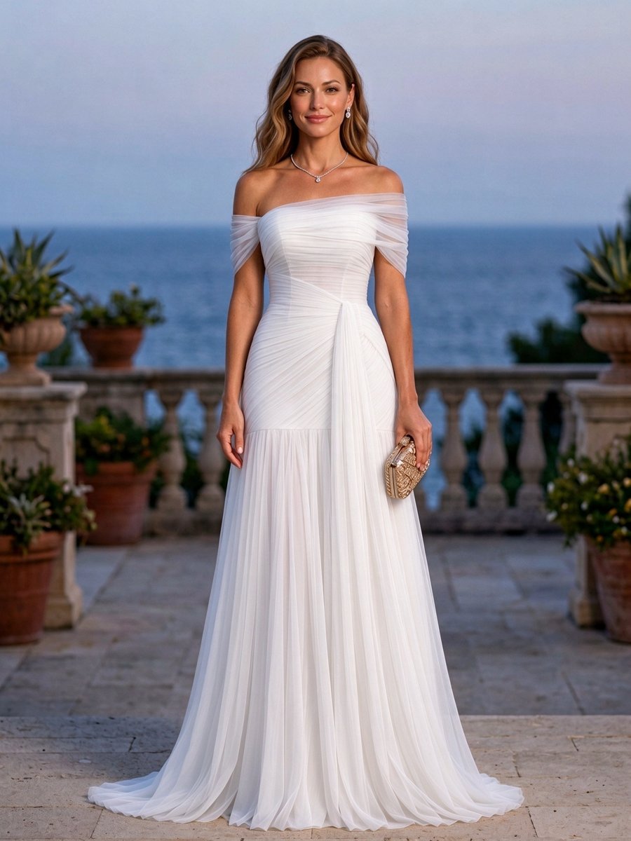 Light Blue Chiffon Off Shoulder Pleated A-Line Maxi Dress