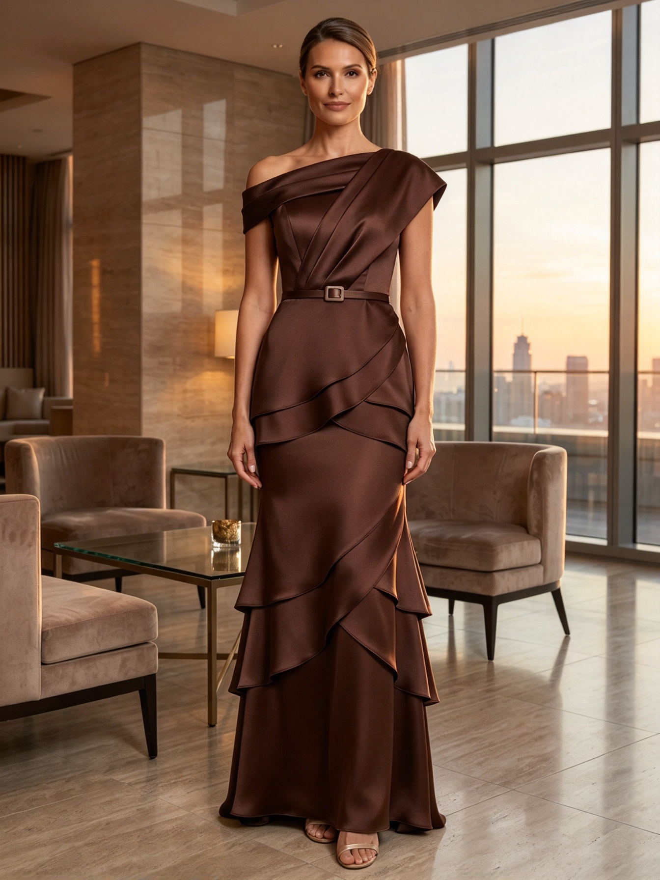 Champagne One-Shoulder Waistband Tiered Ruffle Satin Mermaid Maxi Dress
