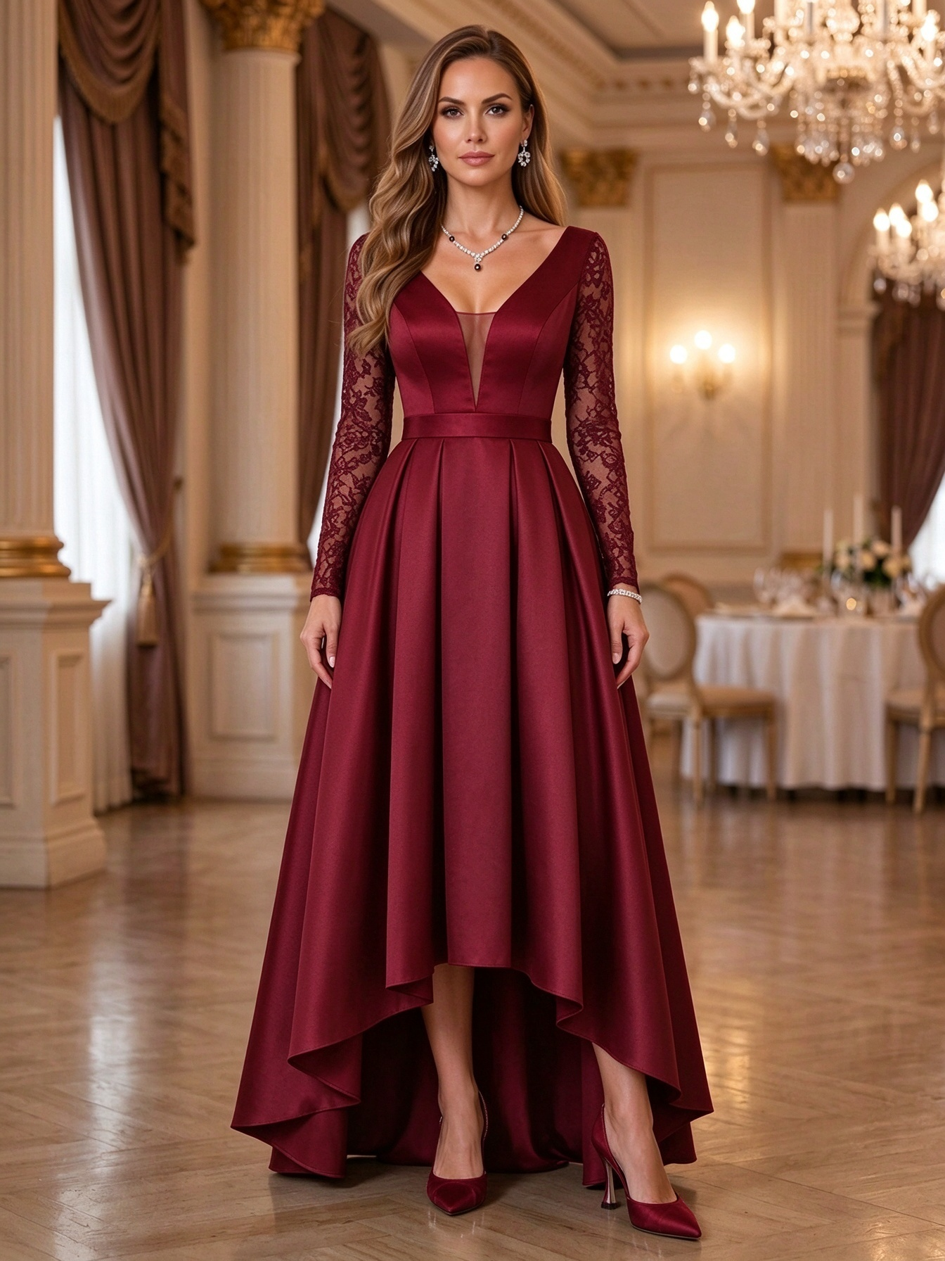 Black Long Sleeve Lace Deep V-Neck High-Low Maxi Dress