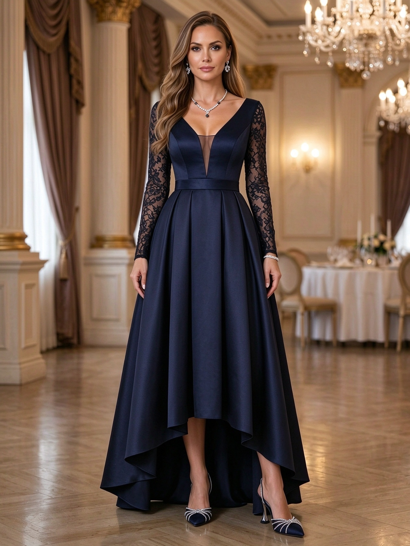 Black Long Sleeve Lace Deep V-Neck High-Low Maxi Dress