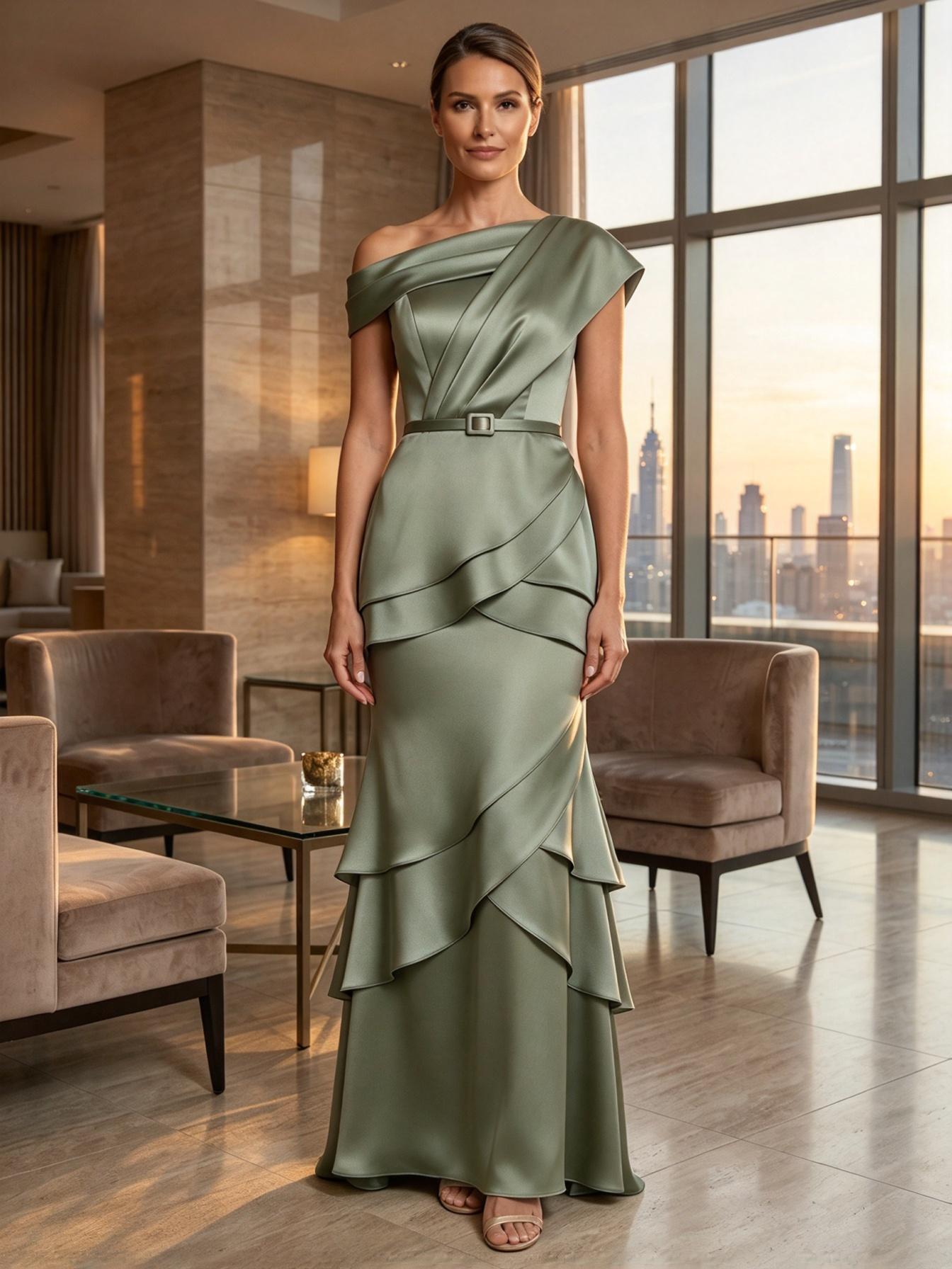 Champagne One-Shoulder Waistband Tiered Ruffle Satin Mermaid Maxi Dress
