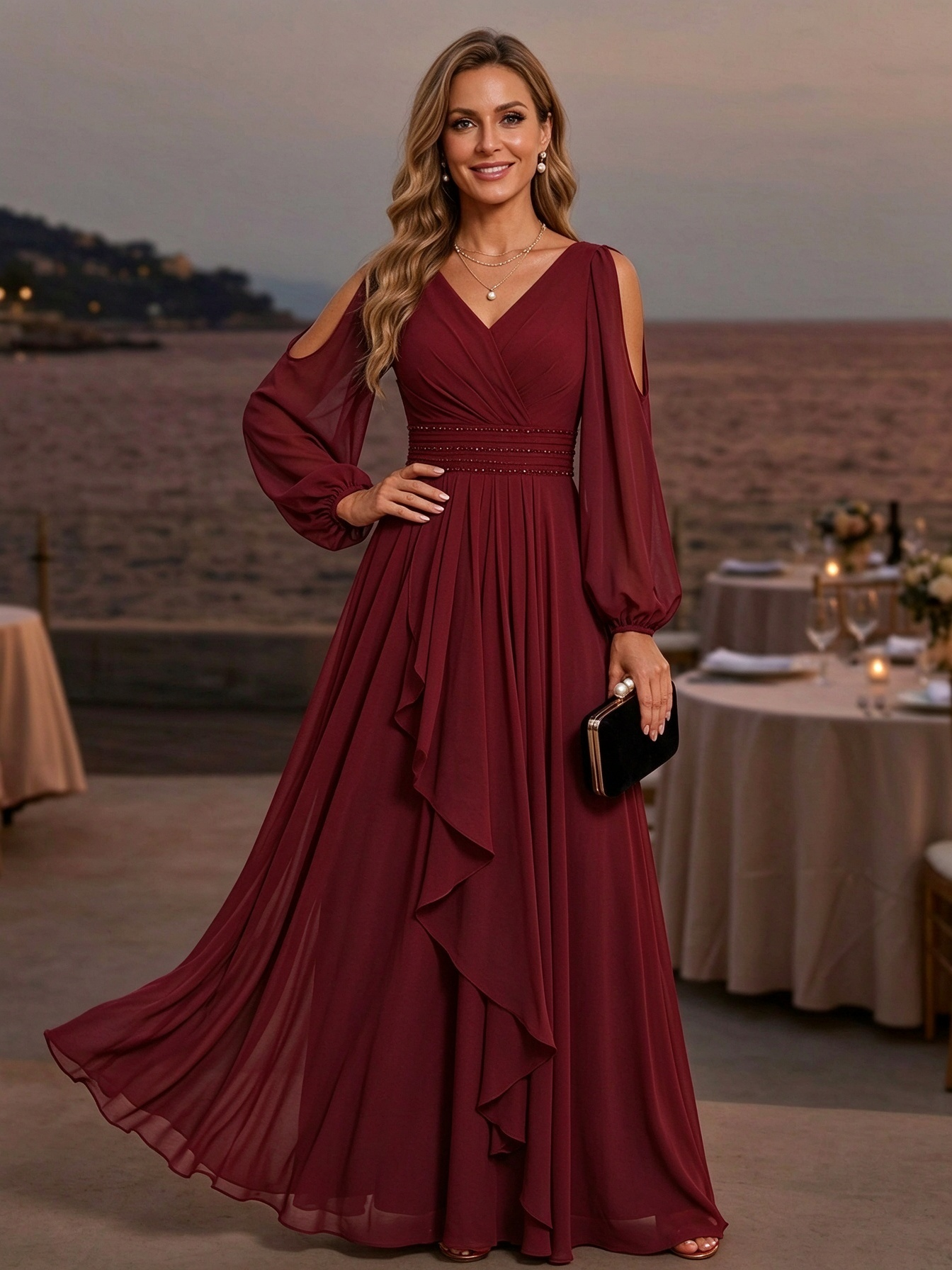 Deep Purple Chiffon V-Neck Off-Shoulder Maxi Dress