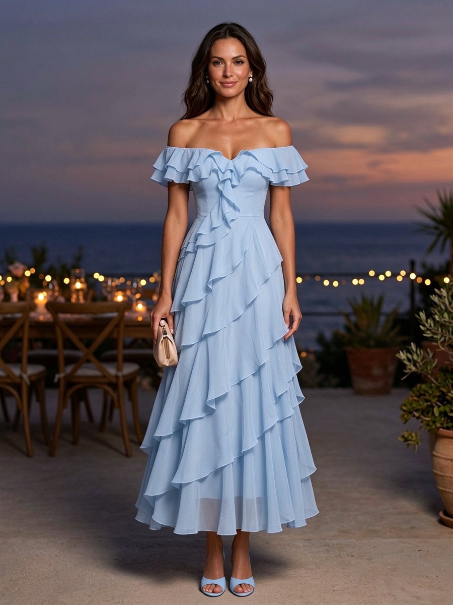 Pink Chiffon Off Shoulder Ruffle A-Line Maxi Dress
