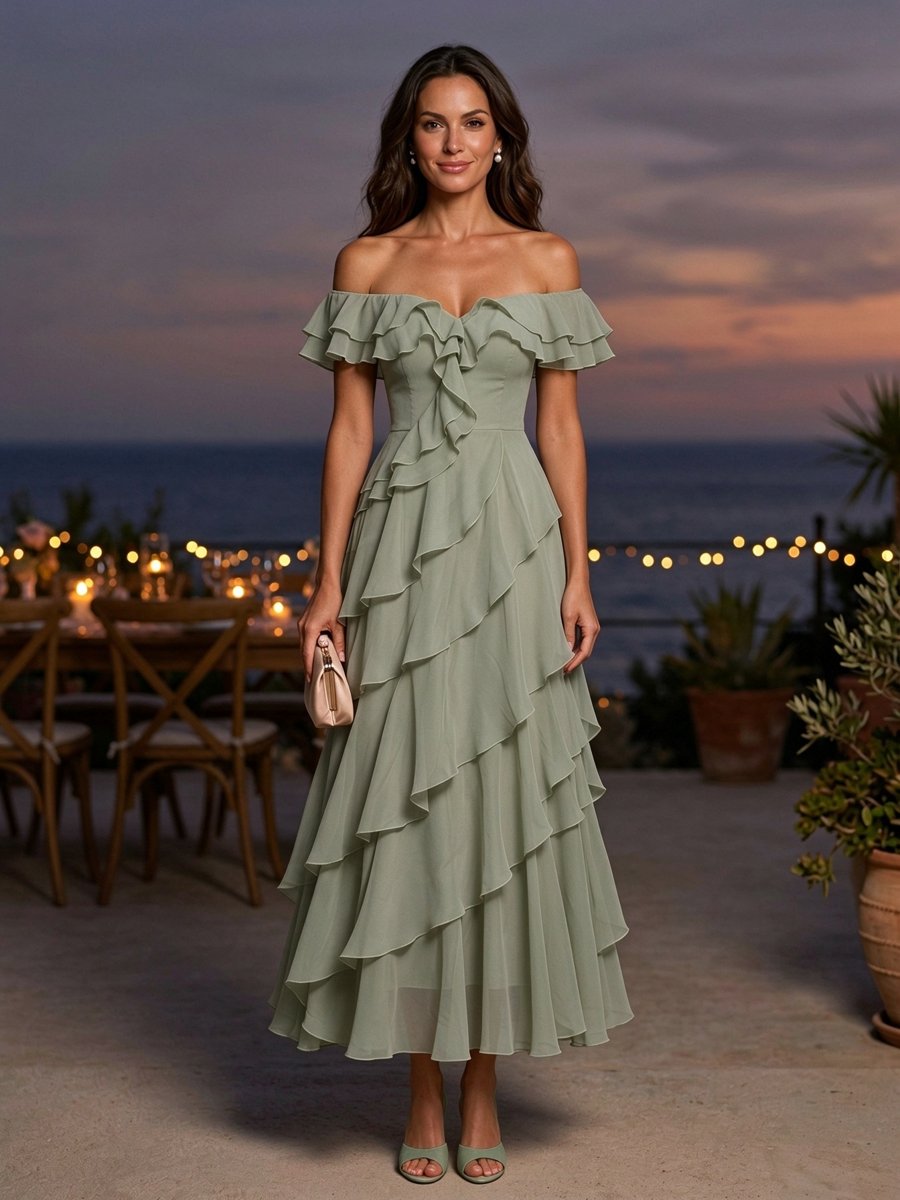 Pink Chiffon Off Shoulder Ruffle A-Line Maxi Dress