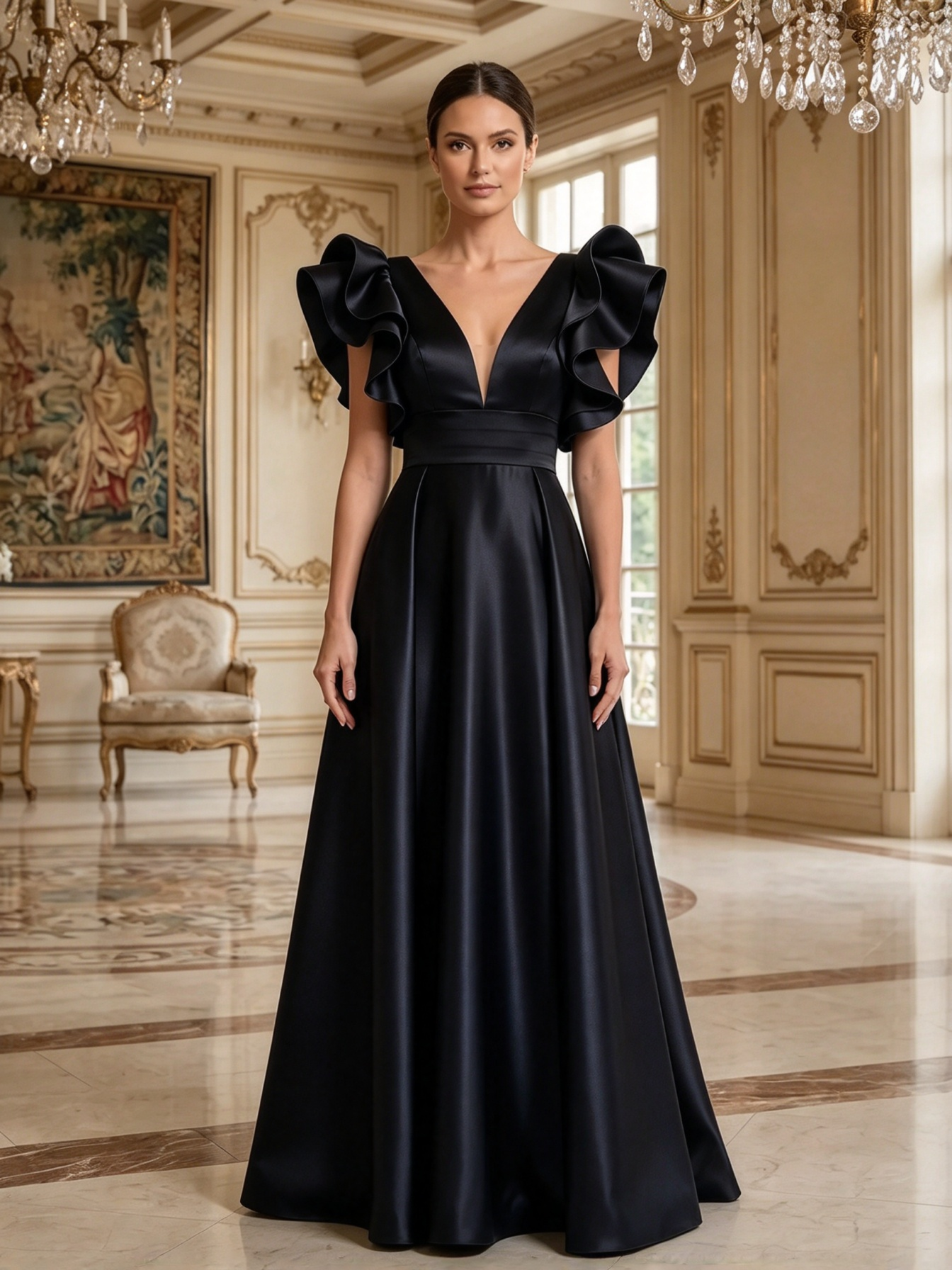Navy Blue Deep-V Ruffle Wide-Waistband Satin A-Line Maxi Dress