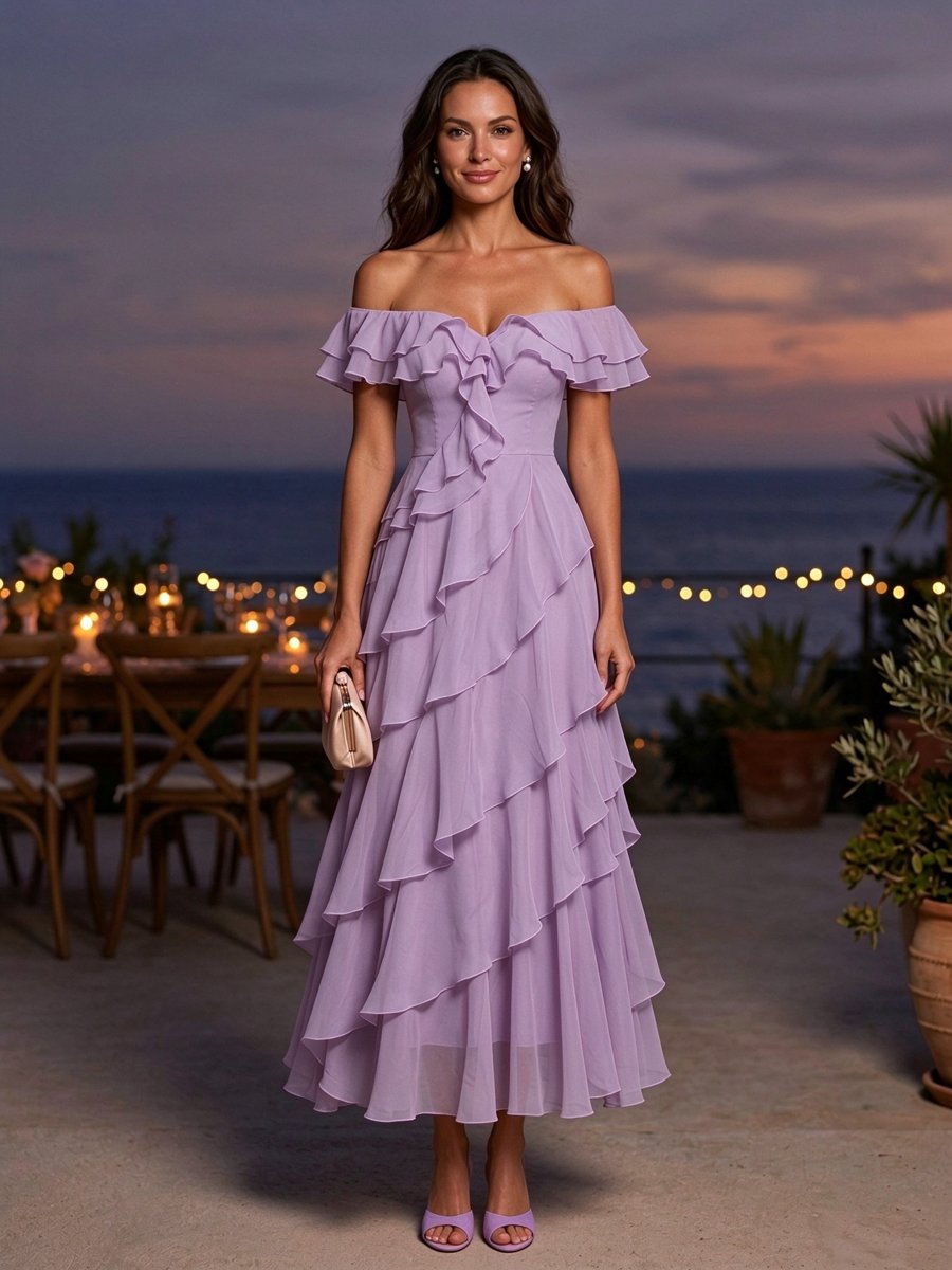 Pink Chiffon Off Shoulder Ruffle A-Line Maxi Dress