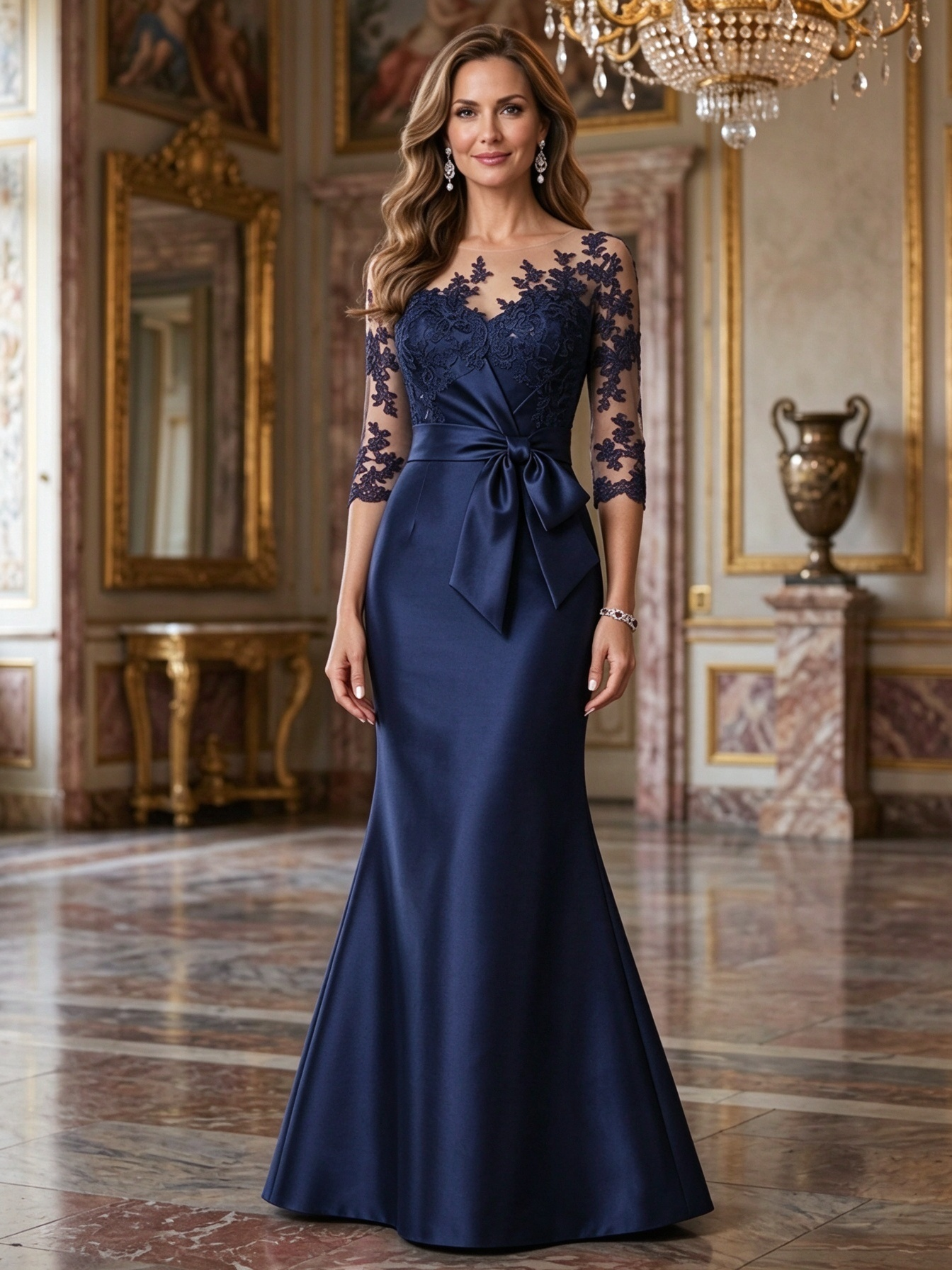 Solid Color Lace Patchwork Satin Fishtail Maxi Dress