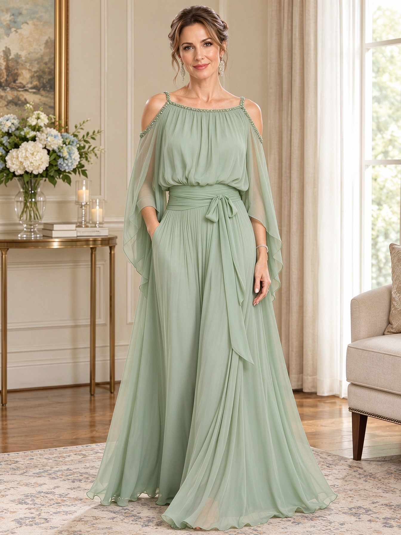 Royal Blue Chiffon Cold-Shoulder Maxi Dress