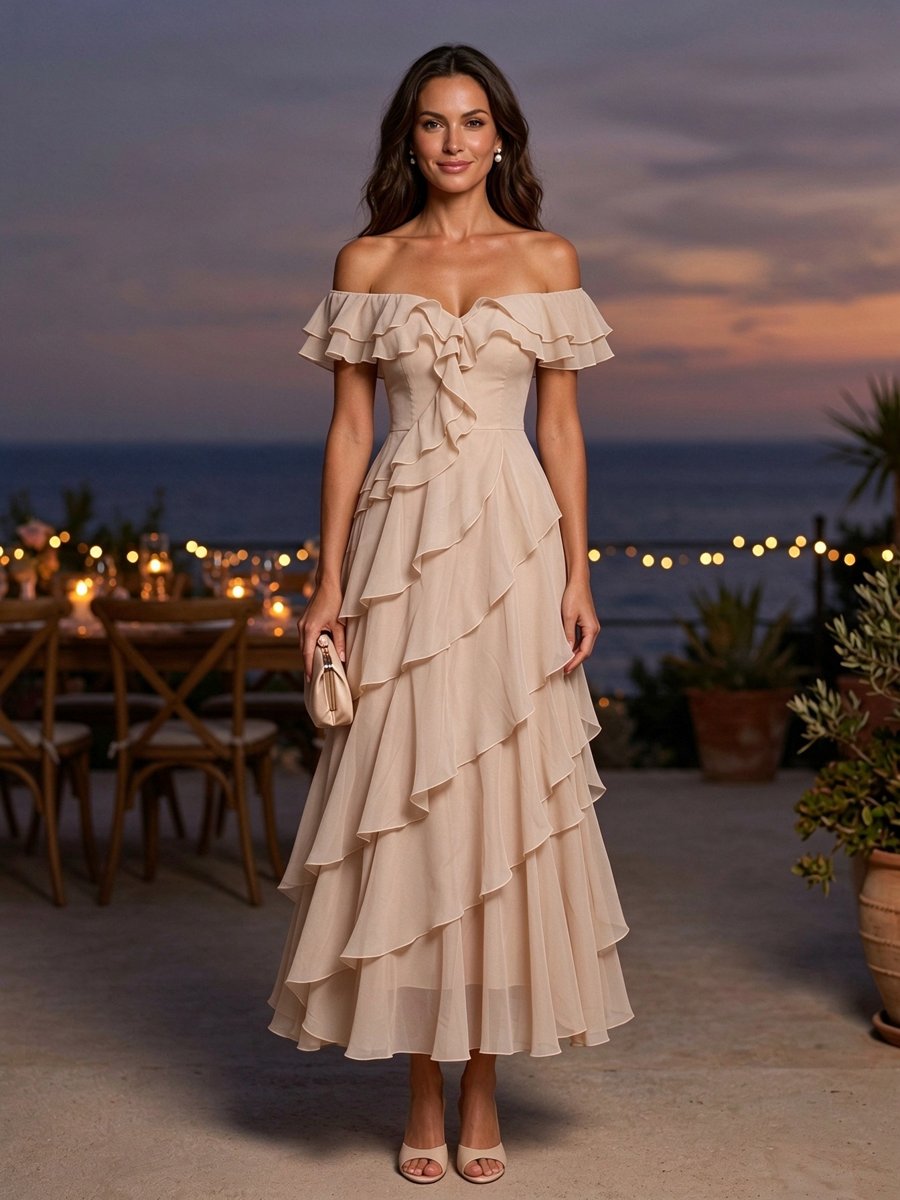 Pink Chiffon Off Shoulder Ruffle A-Line Maxi Dress