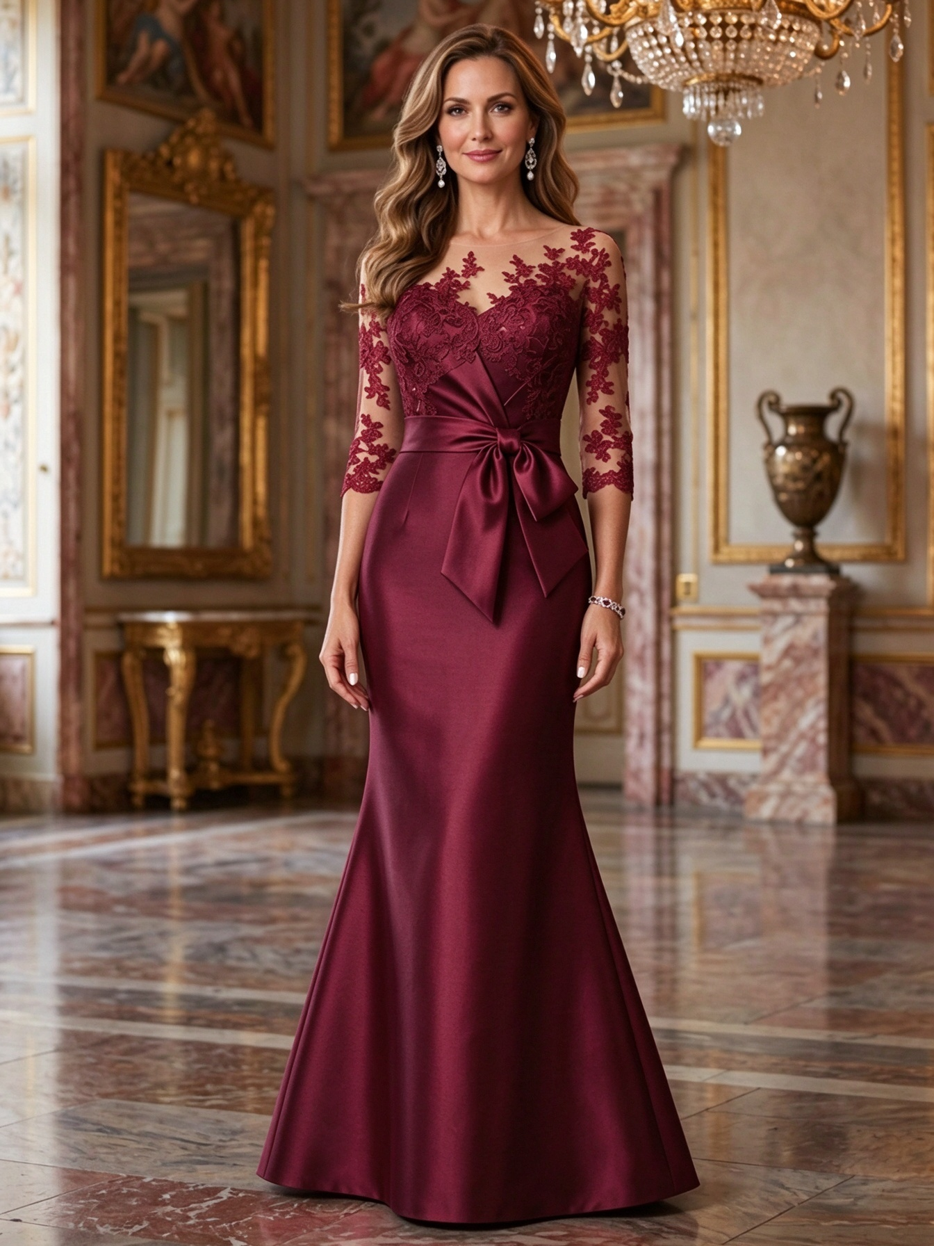 Solid Color Lace Patchwork Satin Fishtail Maxi Dress