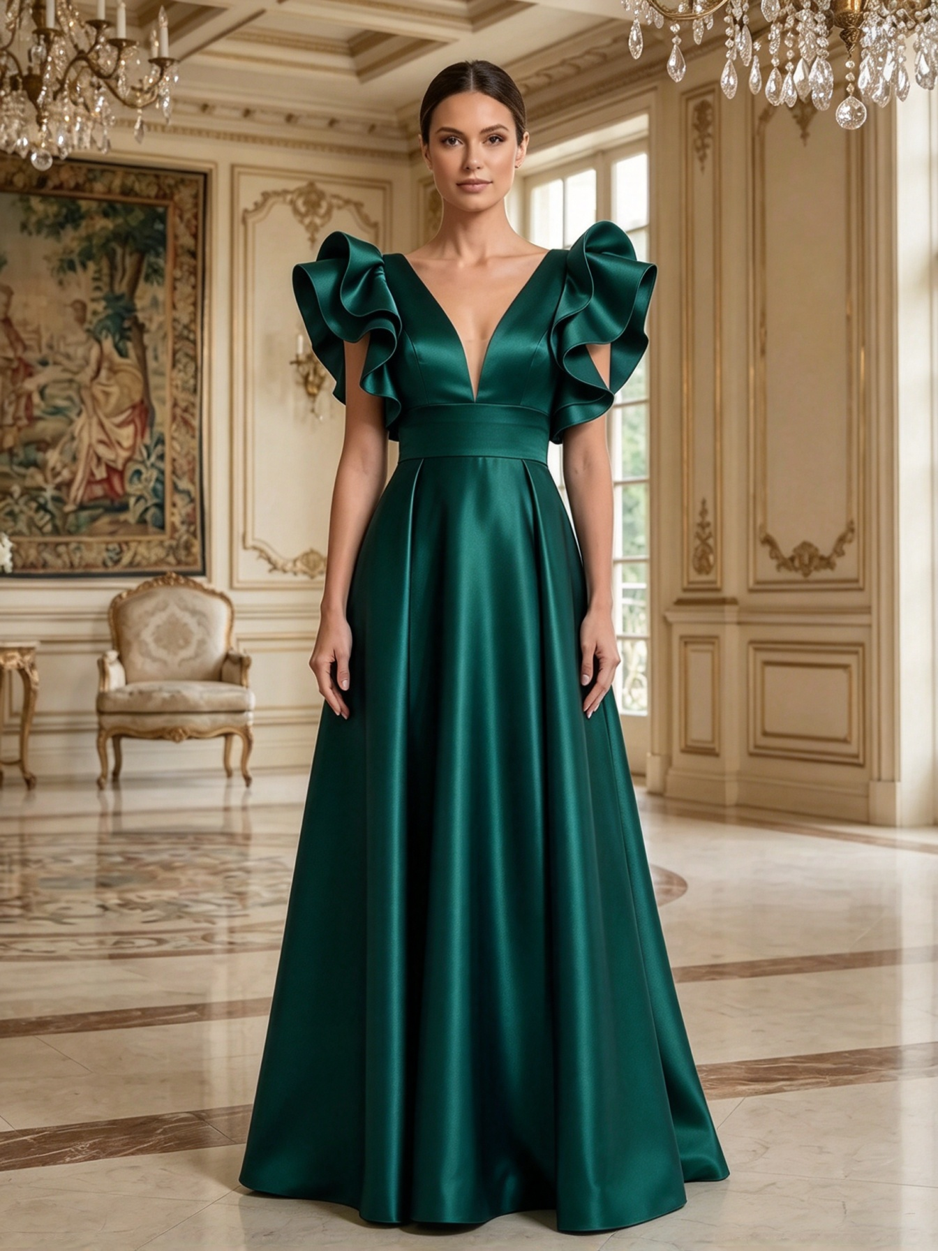 Navy Blue Deep-V Ruffle Wide-Waistband Satin A-Line Maxi Dress