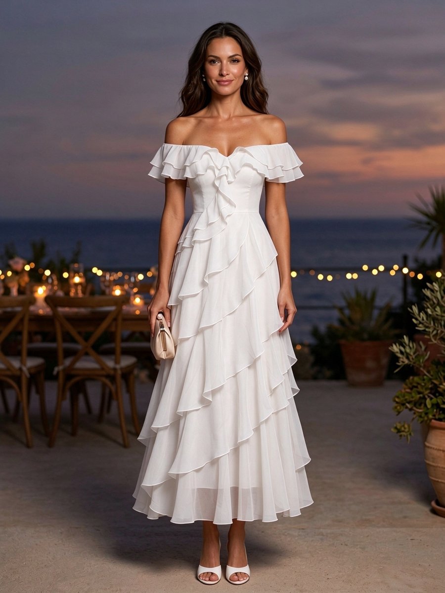 Pink Chiffon Off Shoulder Ruffle A-Line Maxi Dress