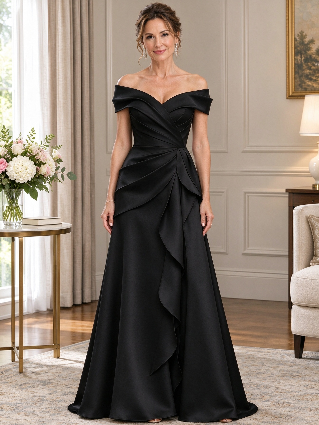 Pink Off-the-Shoulder Pleated Satin Maxi Dress