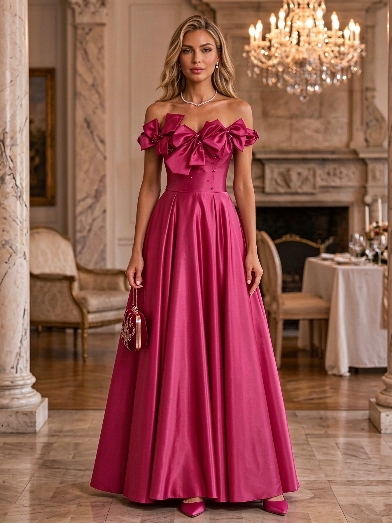 Burgundy Off Shoulder Bow Satin Ball Gown Maxi Dress
