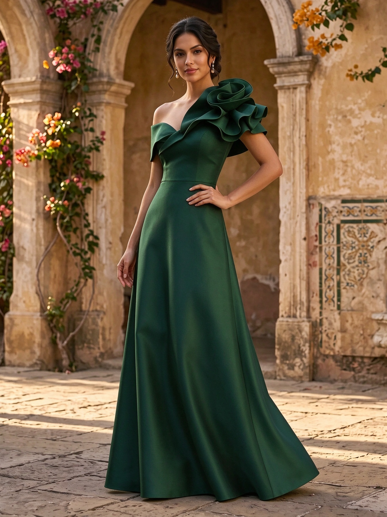Fuchsia Off Shoulder One Side Floral A Line Floor-Length Evening Dress