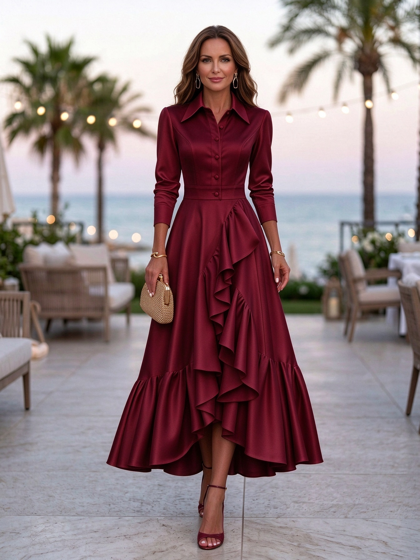 Champagne Collared 3/4 Sleeve Ruffle A Line Floor-Length Maxi Dress