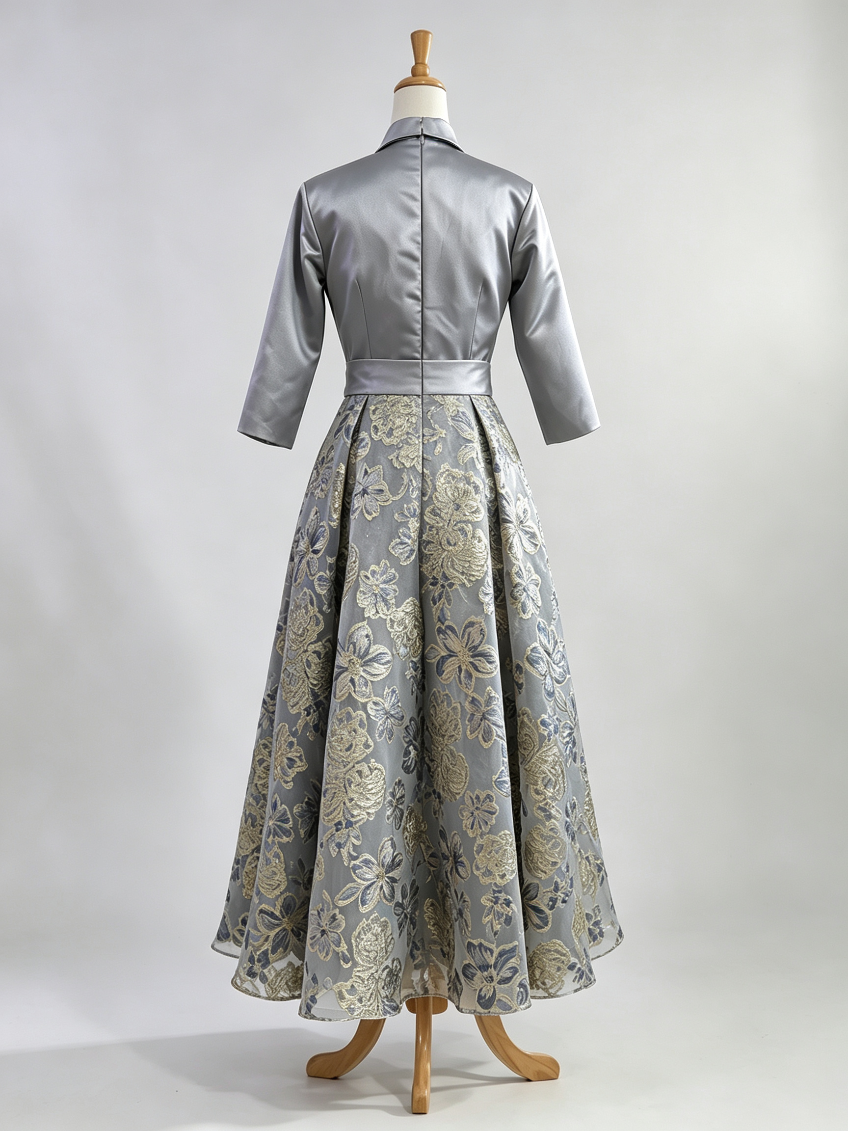 Dusty Blue A-Line Point Collar Embroidered Floral Dresses with Bow