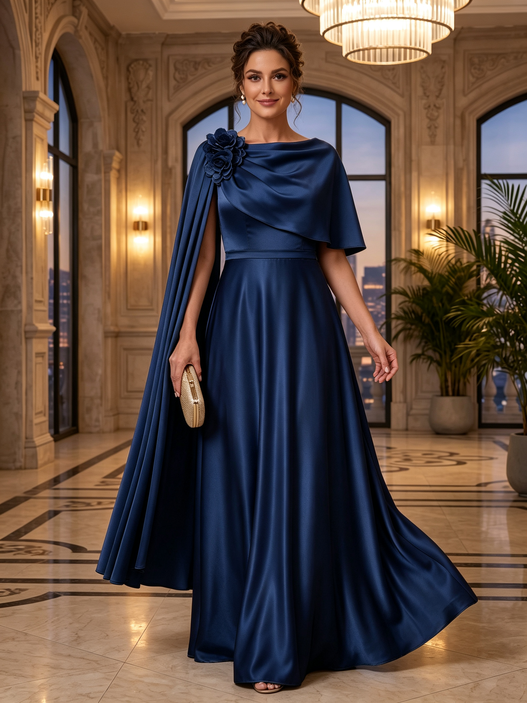 Champagne Cowl Neck Draped Shoulder Floral A-Line Maxi Dress