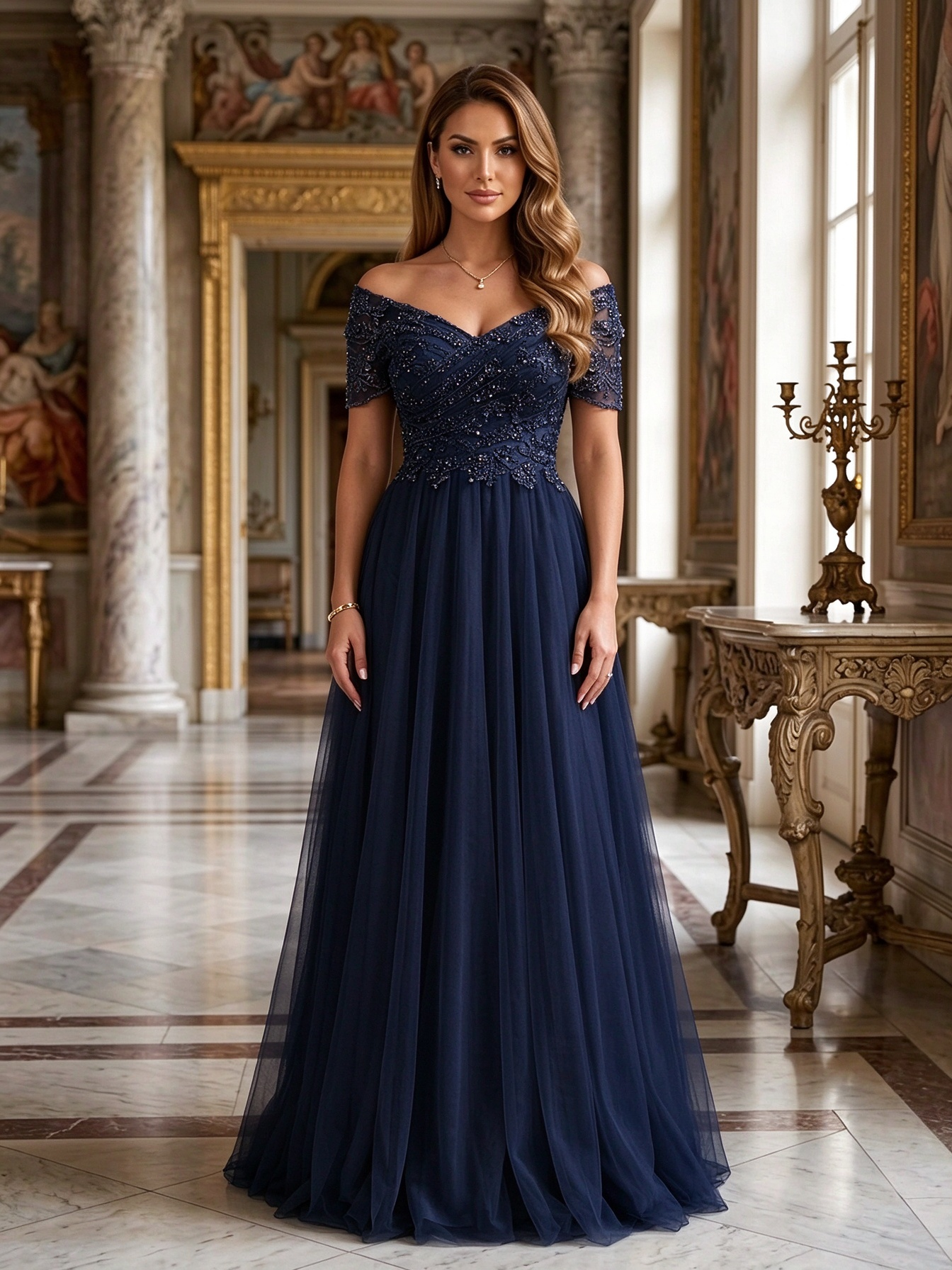 Champagne Off Shoulder Beaded Sleeve Tulle A-Line Maxi Dress