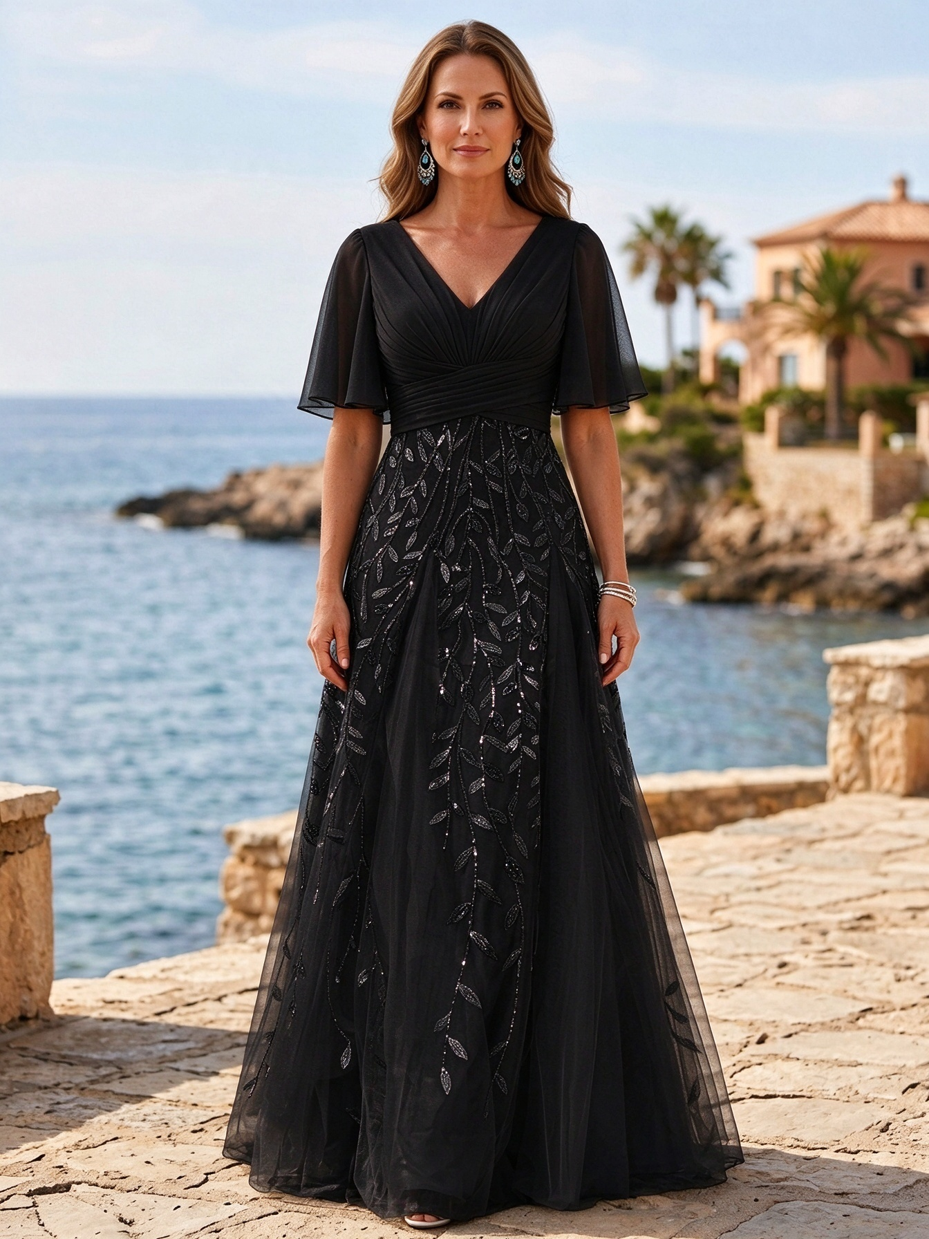 A-line V-neck Half-sleeve Side-slit Mother Of The Bride Maxi Dress