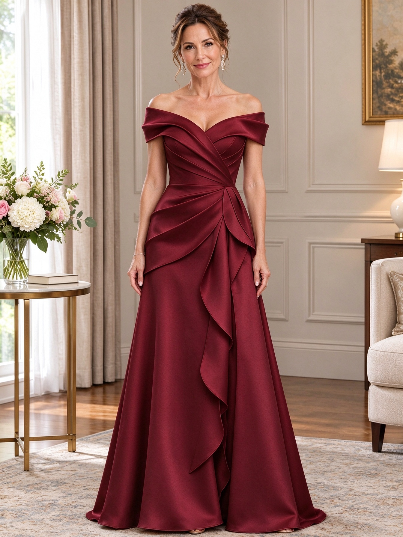 Pink Off-the-Shoulder Pleated Satin Maxi Dress