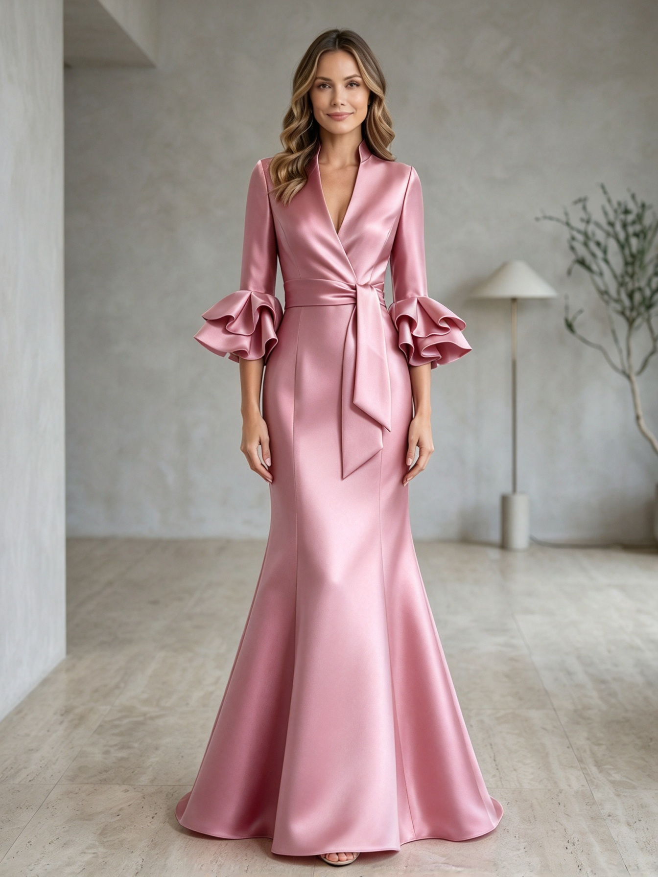 Burgundy Surplice V-Neck Ruffle-Cuff Sash Mermaid Maxi Dress