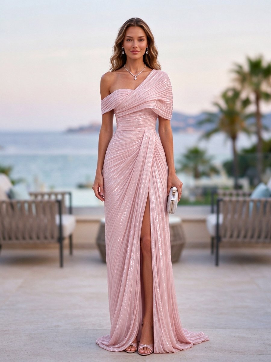 Light Blue One Shoulder Draped Slit Maxi Dress