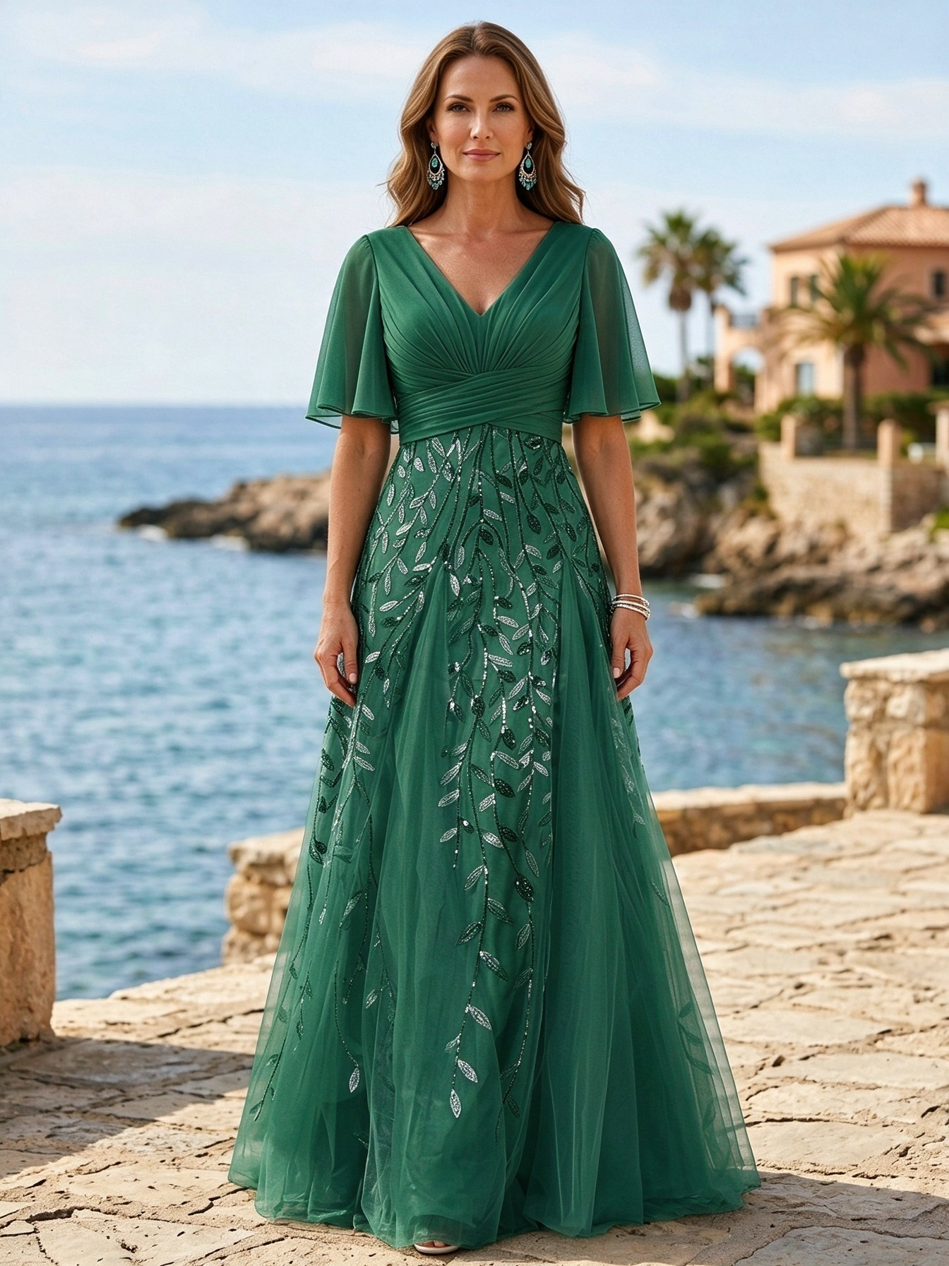 A-line V-neck Half-sleeve Side-slit Mother Of The Bride Maxi Dress