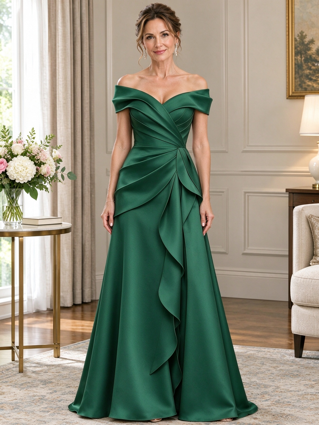 Pink Off-the-Shoulder Pleated Satin Maxi Dress